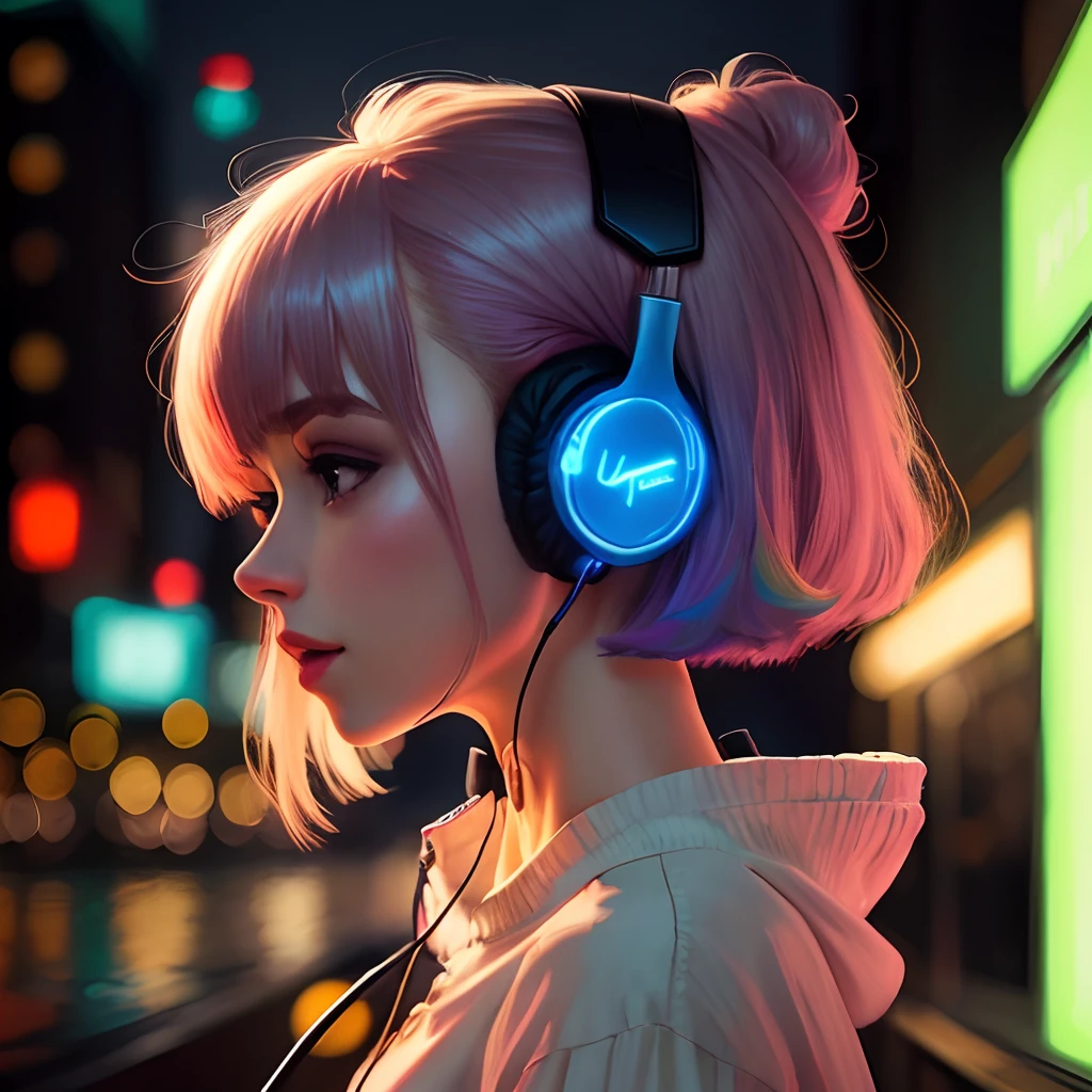 Woman with bob hair wearing headphones painted in colorful neon