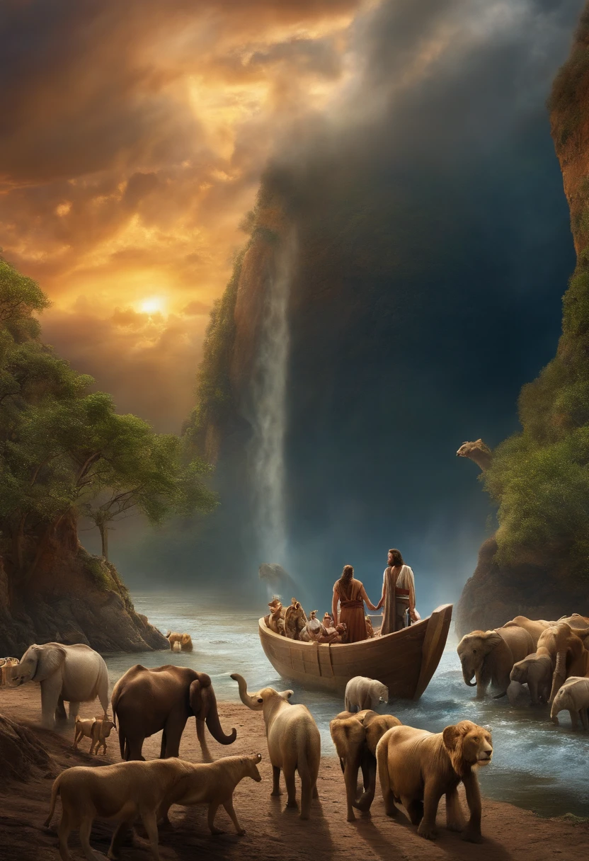 create a scene of Noah with an outstretched hand, calming a line of animals of all kinds as they peacefully enter the ark.