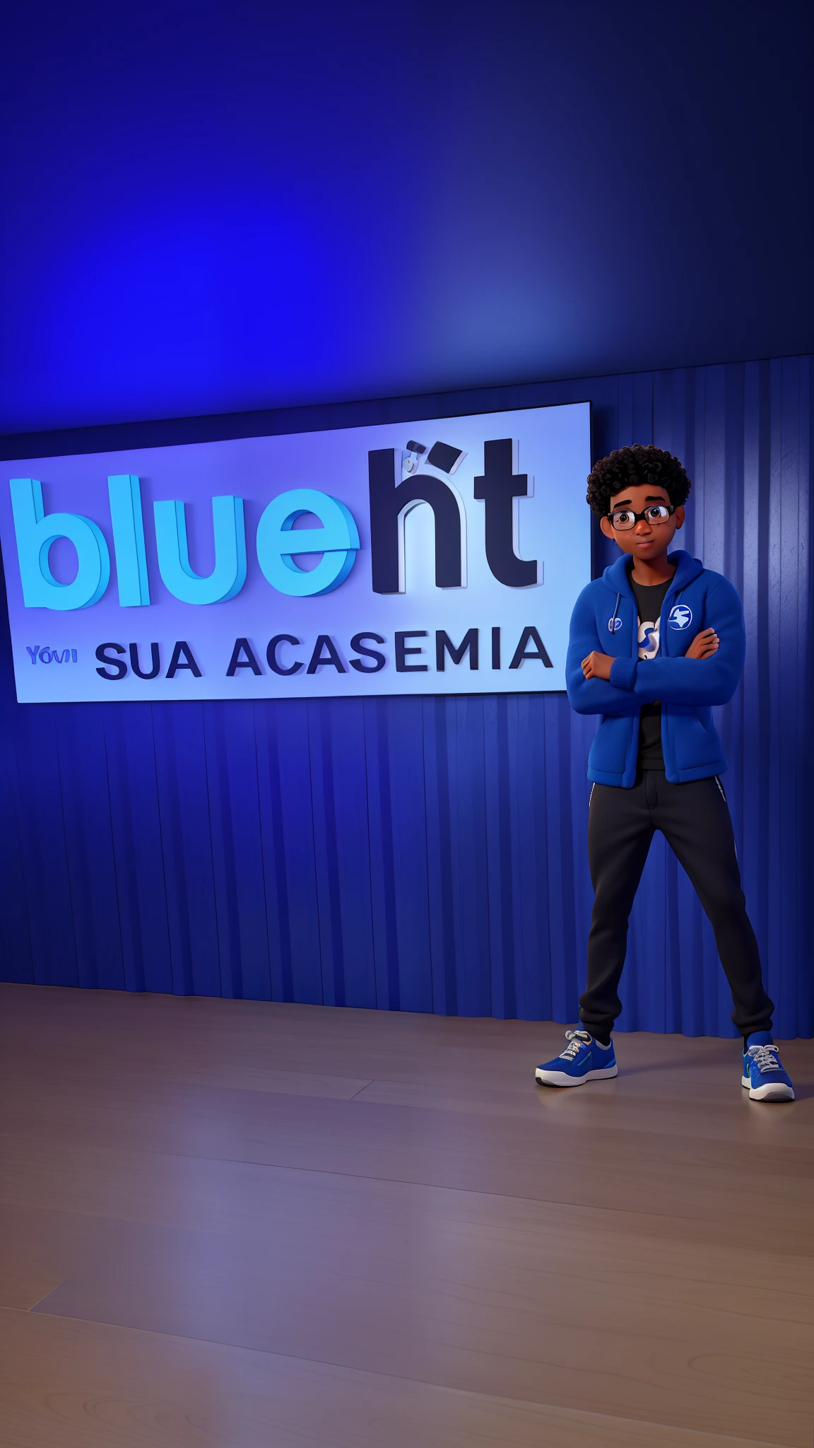 Um jovem homem negro, Curly hair on the top of the head to the laids Shaved hair, olhos castanho escuro, eyeglass. On the back there is a panel that says Bluefit your gym. Com uma camisa social escrito Bluefit azul escuro, Black dress pants and black sneakers.