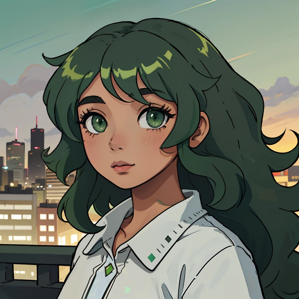 Masterpiece, Half Filipino half black, tanned skinned, big curly hair, wispy wild hair, mid length hair, round nose, green hair, full lips, light green eyes, long lashes, slant eyes, soft pastel colors, background night, city landscape, flowy shirt,