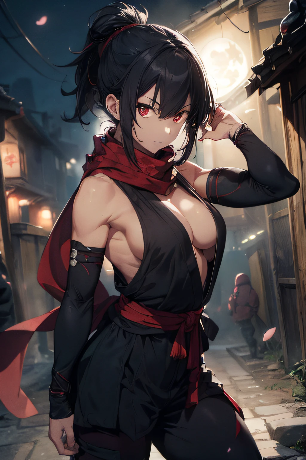 (((masterpeace、BEST QUALITY、high precision、High and fine)))、((fantasy)), (loose and baggy ninja garments), {Dark hair tied together},(Female Ninja Armor),(Long flowing ninja scarf), (Bright red eyes), 1girl, ninja, Japanese style, adult, confident, ninja warrior. Dynamic angle, sakura petals, fuedal japanese environment. adult, strong muscular build, tough, strong, nighttime, a very dark night, moody ambiance, full moon. warrior, kunoichi, Trained ninja assassin. revealing skin, big boobs, strong facial features.