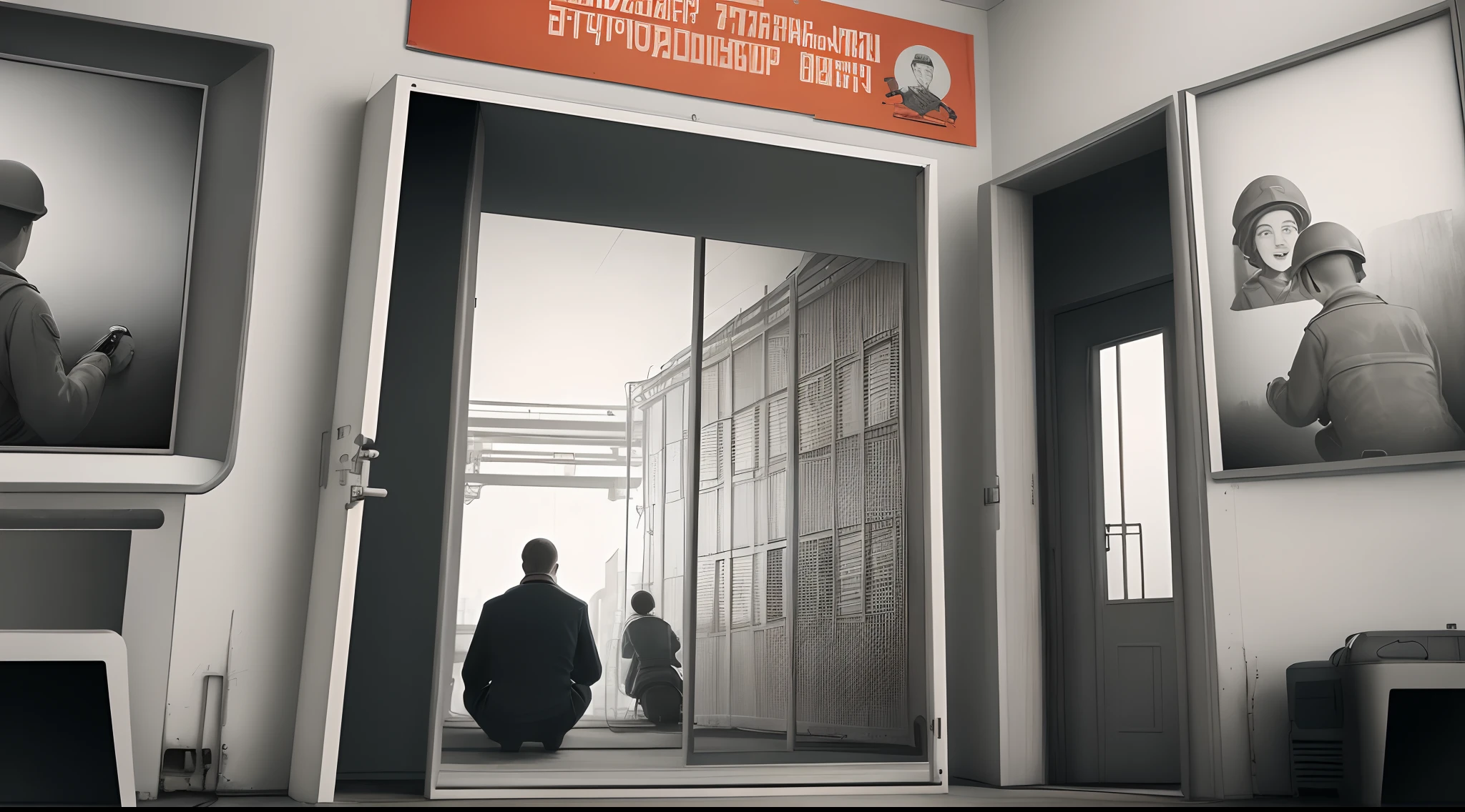 Soviet propoganda poster , where a man is working in nuclear factory , under this 3 little frames where first frame is exlosion of nuclear center , sexonde people running away from explosin,and third is a woman sitting and watching tv and on her window we can see an explosian