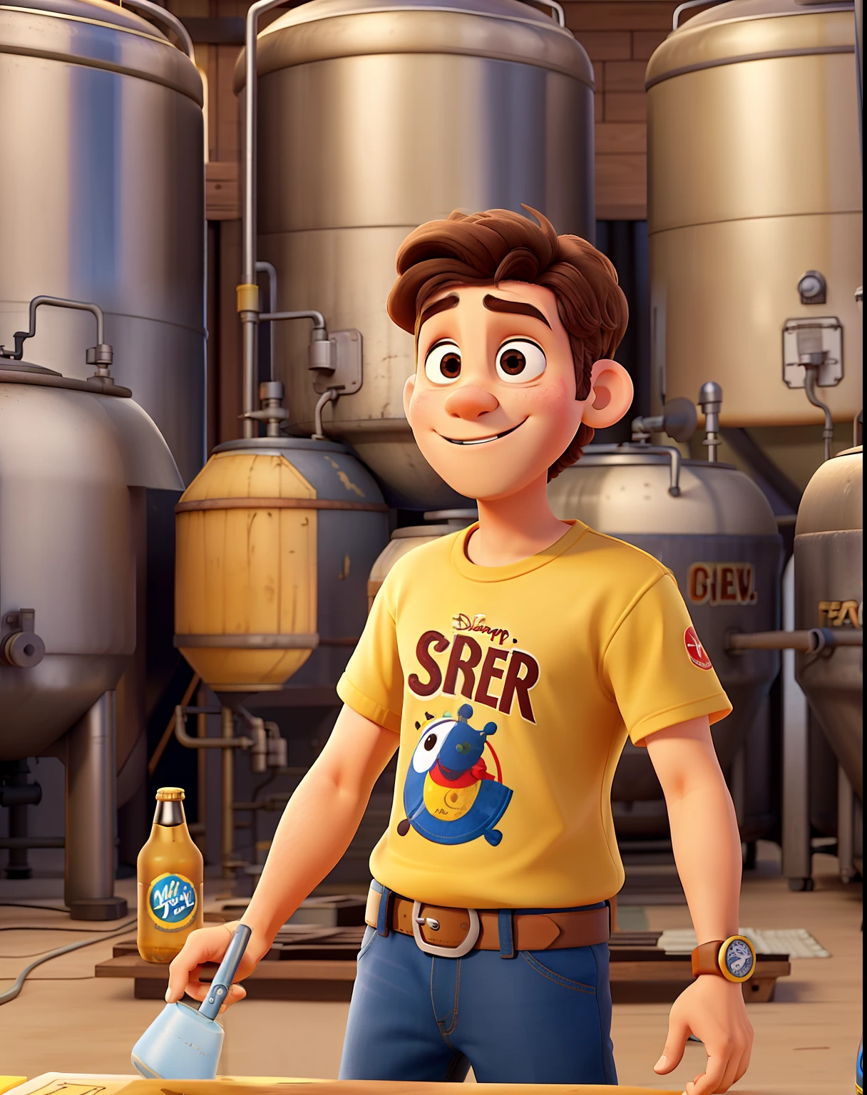 Poster no estilo Disney Pixar, menino com camisa preta e escrito em amarelo COLAB, trabalha na cervejaria COLAB, Behind beer tanks and fermenters, Front-facing service desk