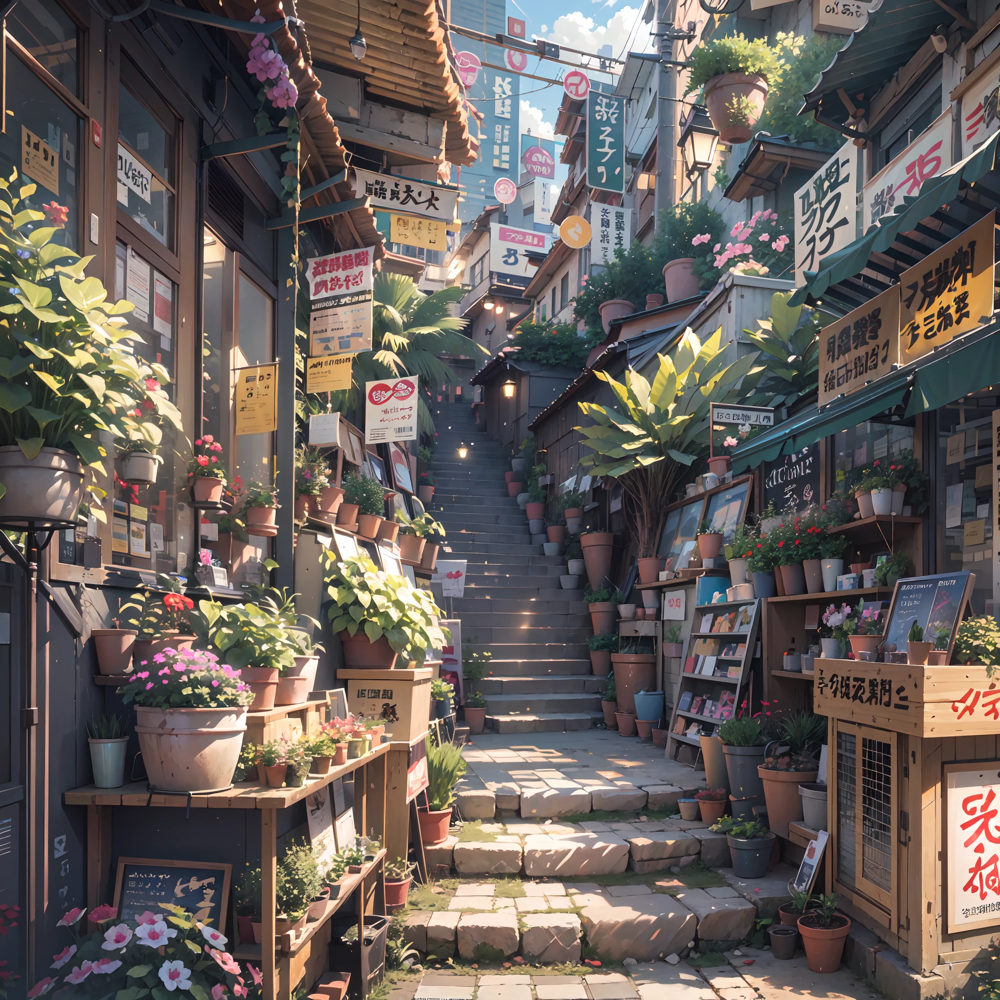 anime city street scene with a stairway leading to a restaurant, anime background art, anime style cityscape, colorful anime movie background, beautiful anime scenery, beautiful anime scene, anime scenery, anime art wallpaper 8 k, tokyo anime scene, anime art wallpaper 4k, anime art wallpaper 4 k, anime scenery concept art, hd anime cityscape, anime background, japanese shop signs, plant pots. trees