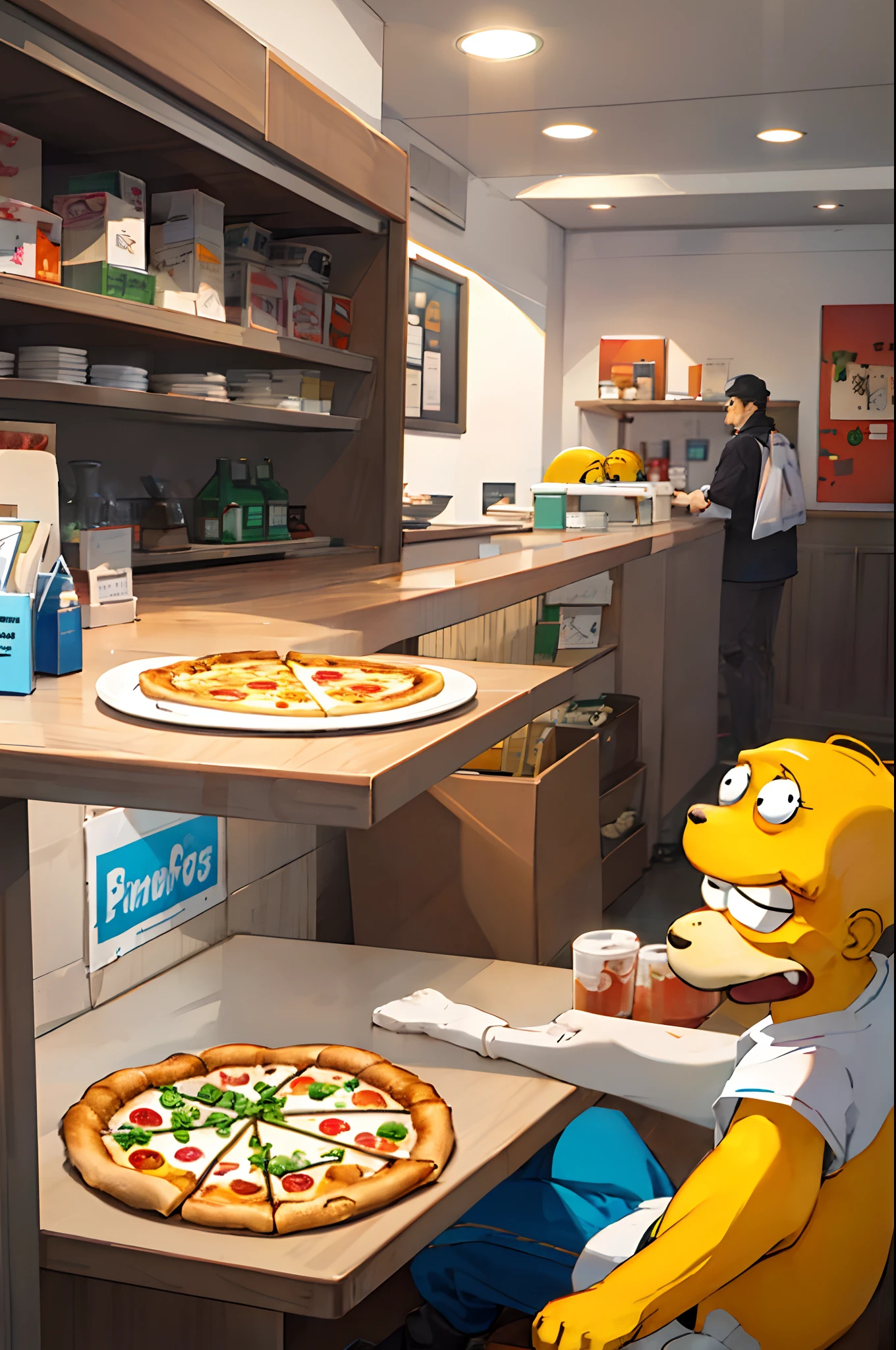 BigJigglyPanda fighting Homer Simpson in a pizza parlor