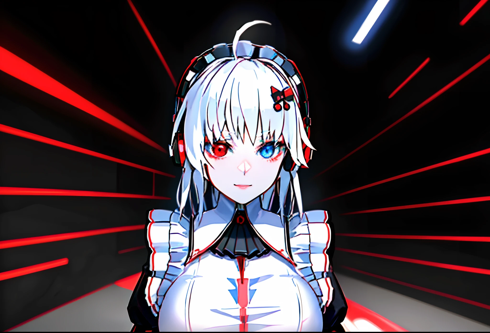 (Happy eyes: 1.8) (The left eye is blue: 1.5)(The right eye is red: 1.5) (Looking forward: 1.5) Anime character in black and white costume and headphones, anime girls in maid costumes, Cool 3D Anime Girl Rendering, anime girls in maid costumes, maid clothes, gorgeous maid, white haired god, Blue and Red Odd-Eye