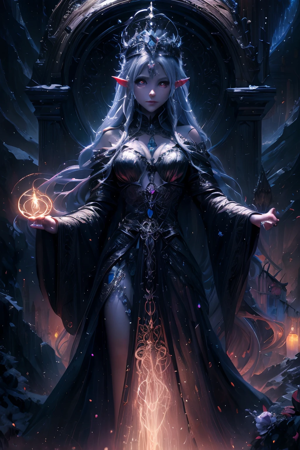 Dark elf goddess, dark throne, silver crown, beautiful, braided magenta hair, long silver dress, with gold endings, mystical, dark magic, mist, old castle, moonlight, electric, powerful,