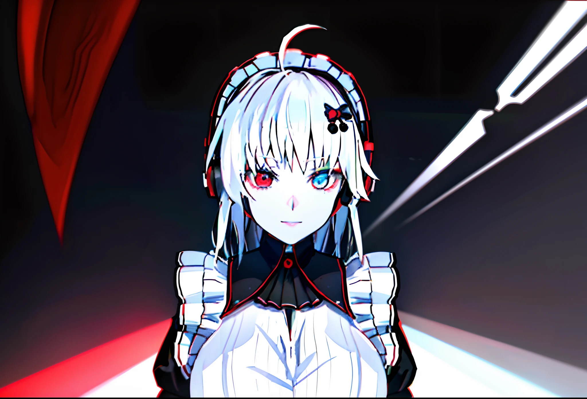 (Happy eyes: 1.8) (The left eye is blue: 1.5)(The right eye is red: 1.5) (Looking forward: 1.5) Anime character in black and white costume and headphones, anime girls in maid costumes, Cool 3D Anime Girl Rendering, anime girls in maid costumes, maid clothes, gorgeous maid, white haired god, Blue and Red Odd-Eye