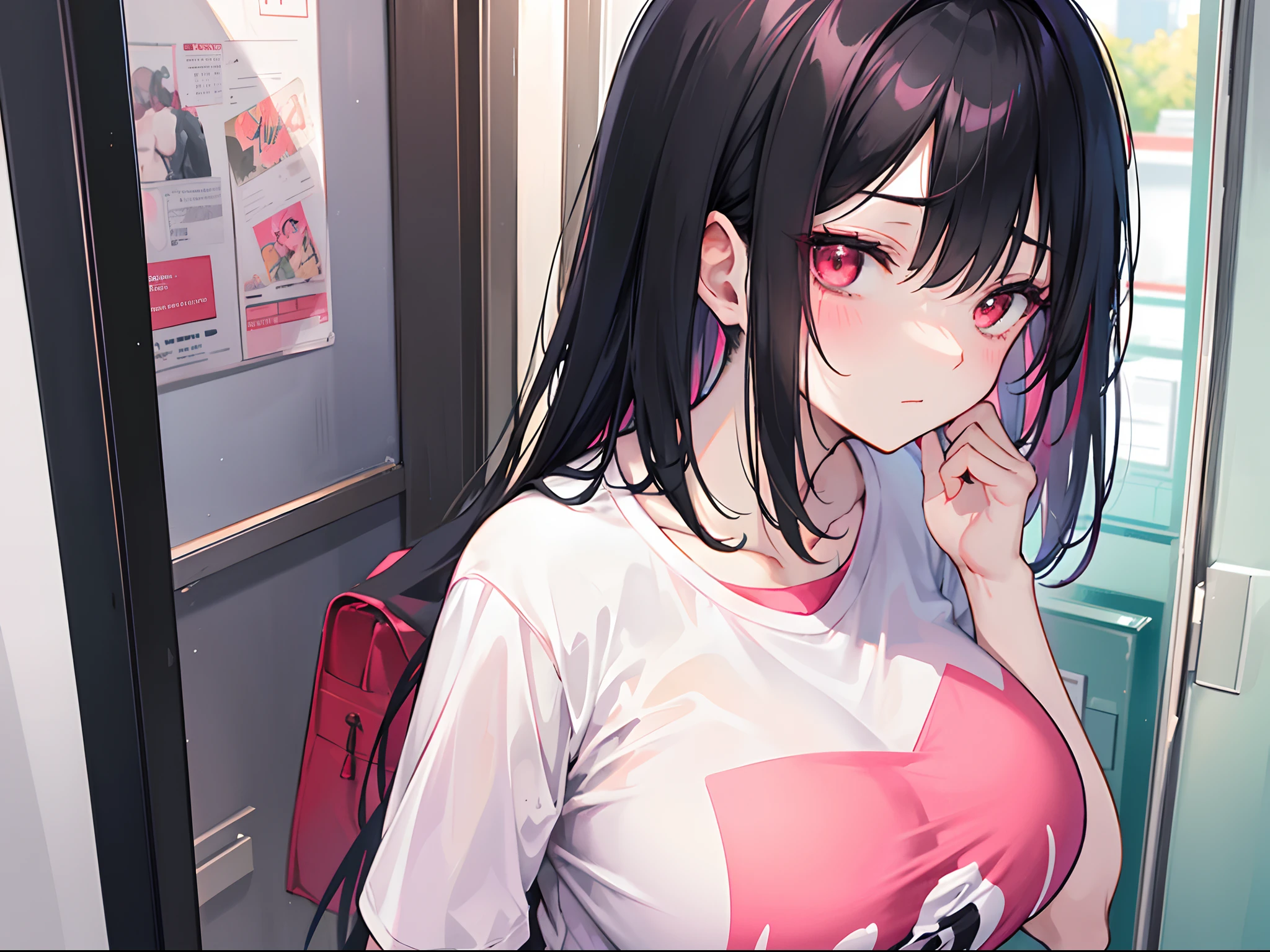 A woman with short black hair and pink-red eyes...... Long hair She walked out the door with a sleepy expression on her face......Wear a long T-shirt...... Slim profile, Fair-skinned, large boobs, Slightly blushing......,