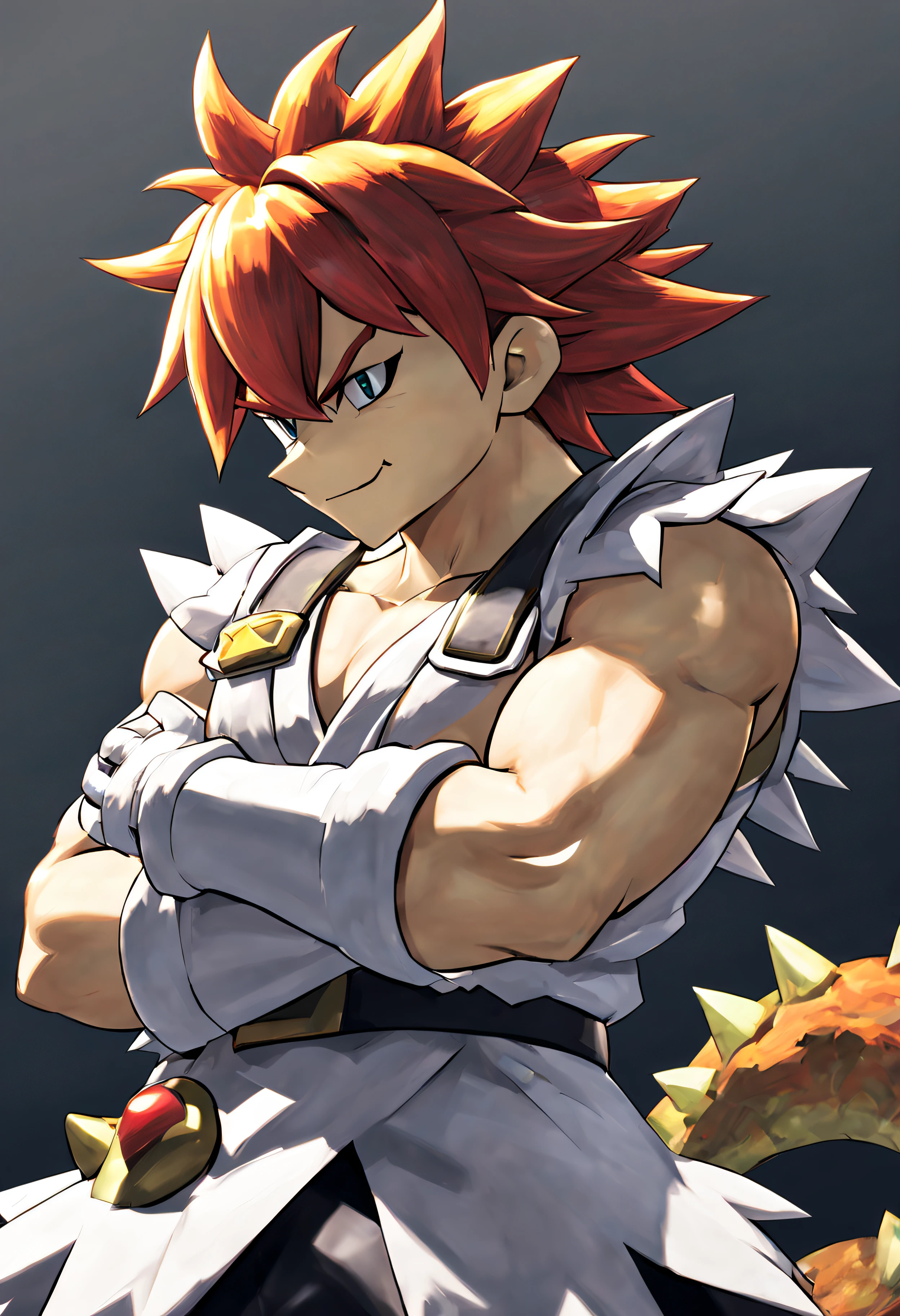 high res, 8k, master art, (anime style) bowser with crossed arm smooth res spiky harir, winking at camera (side view)