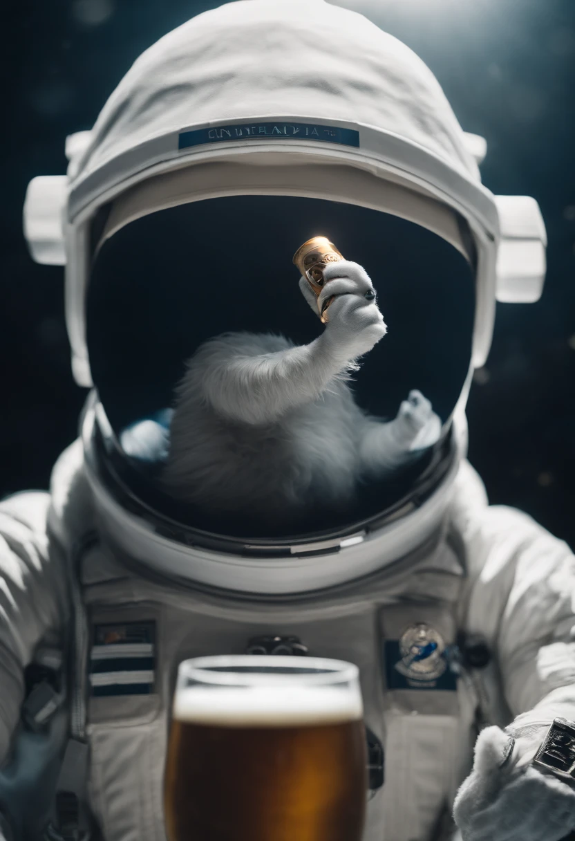 A Yeti themed Astronaut costume, yeti head, floating in space, empty space, in the distant center holding a beer, depth of field, focus on the beer, full body portrait