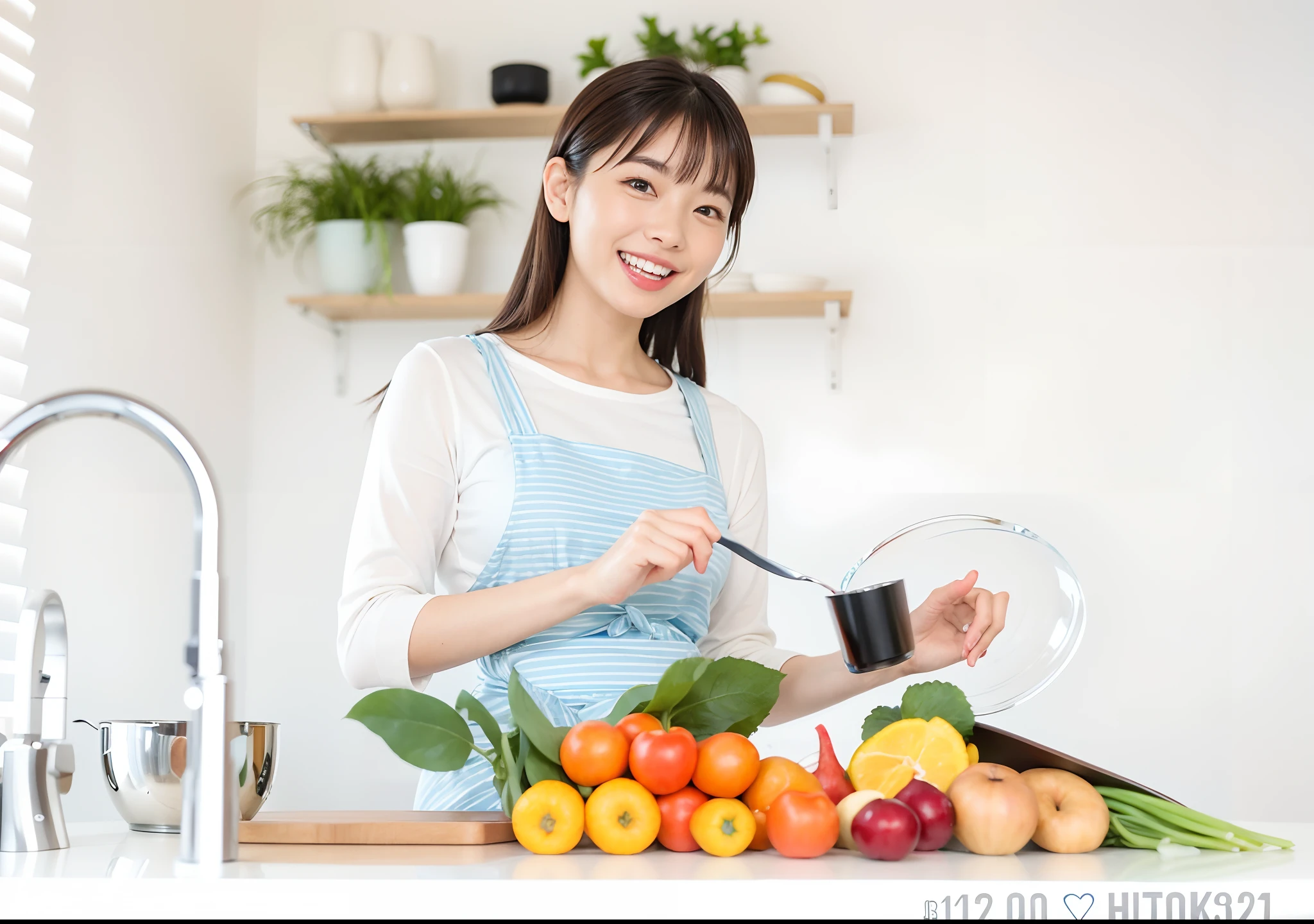 ((The biggest smile staring at the camera,Natural soft lighting,Beautiful skin,Beautiful face)),((Japan Beauty 1,35-year-old beauty,The face of Japan's cutest idol)),(Camera gaze,Biggest smile、length hair,waved hair,Trainers and aprons,Colossal tits,Chest that seems to burst,emphasizing breasts),(View here,It's the perfect camera gaze,Clean teeth,face perfect,White teeth,perfect teeth,8K、hightquality、best qualtiy,tmasterpiece,hight resolution,At 8K,Ulutra HD,softlighting,hightquality, hight resolution),At home, vibrant detail, domestic,Brilliant, Asian woman cooking in the kitchen with weighing scale, Cooking, 3 0 years old woman, 30 year old female, in a kitchen, marketing photo, Lifestyle, cooking show, In the kitchen, photoshot, stock photograph, istockphoto, shutterstock, 40 year old woman, Cook, dish, stock photograph