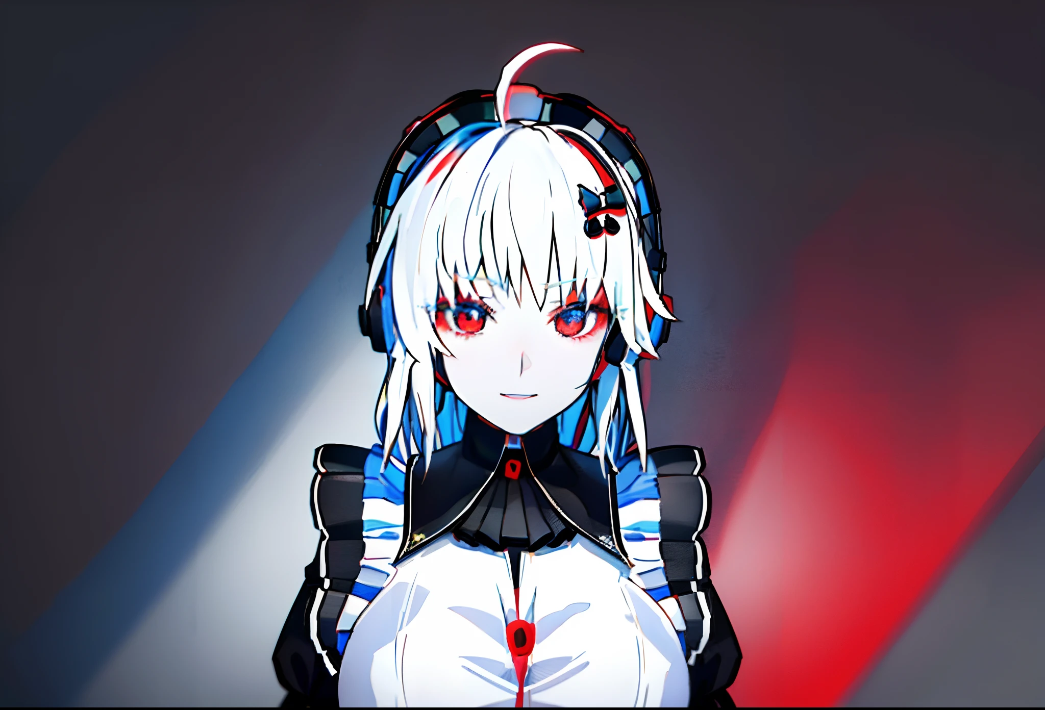 (Happy eyes: 1.8) (The left eye is blue: 1.5)(The right eye is red: 1.5) (Looking forward: 1.5) Anime character in black and white costume and headphones, anime girls in maid costumes, Cool 3D Anime Girl Rendering, anime girls in maid costumes, maid clothes, gorgeous maid, white haired god, Blue and Red Odd-Eye