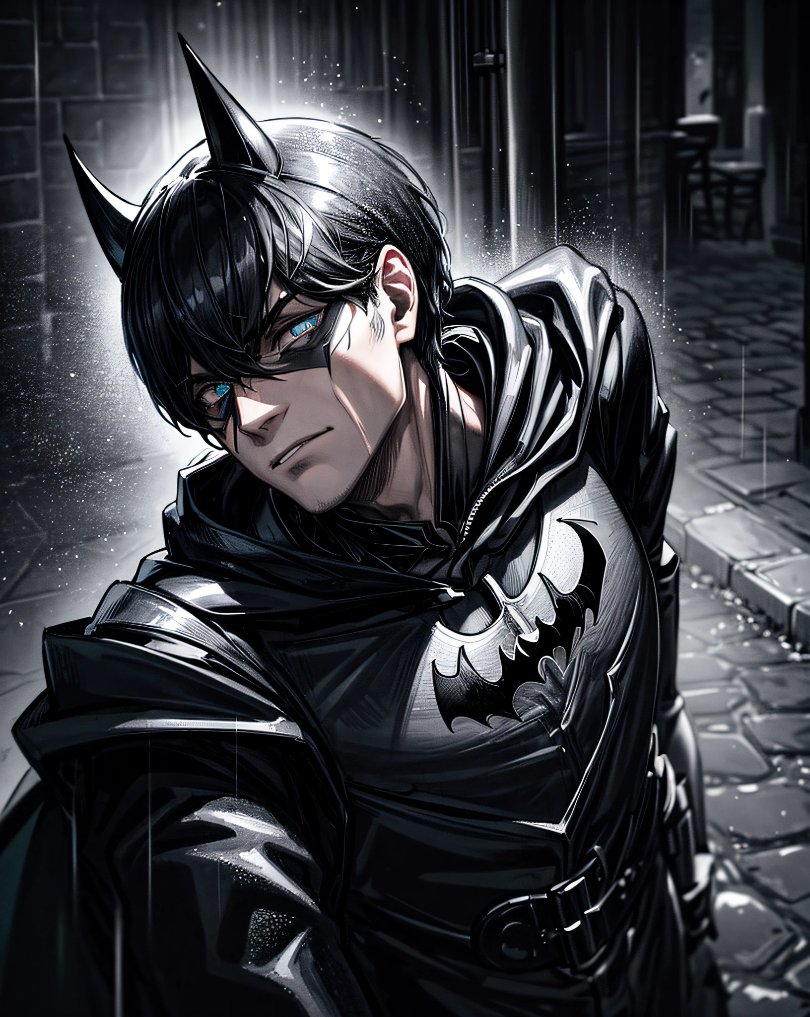 An enigmatic portrait of Batman, the vigilante of the night, shrouded in darkness with only his piercing eyes visible, rain-slicked cobblestone street reflecting neon lights, an aura of mystery and danger, Photography, low light, 50mm f/1.4 lens
