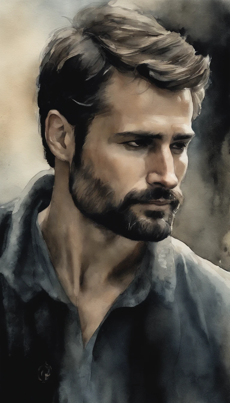 serenidade, Ink painting and watercolor, Depict a man with a short beard and tied hair, serene look, peace