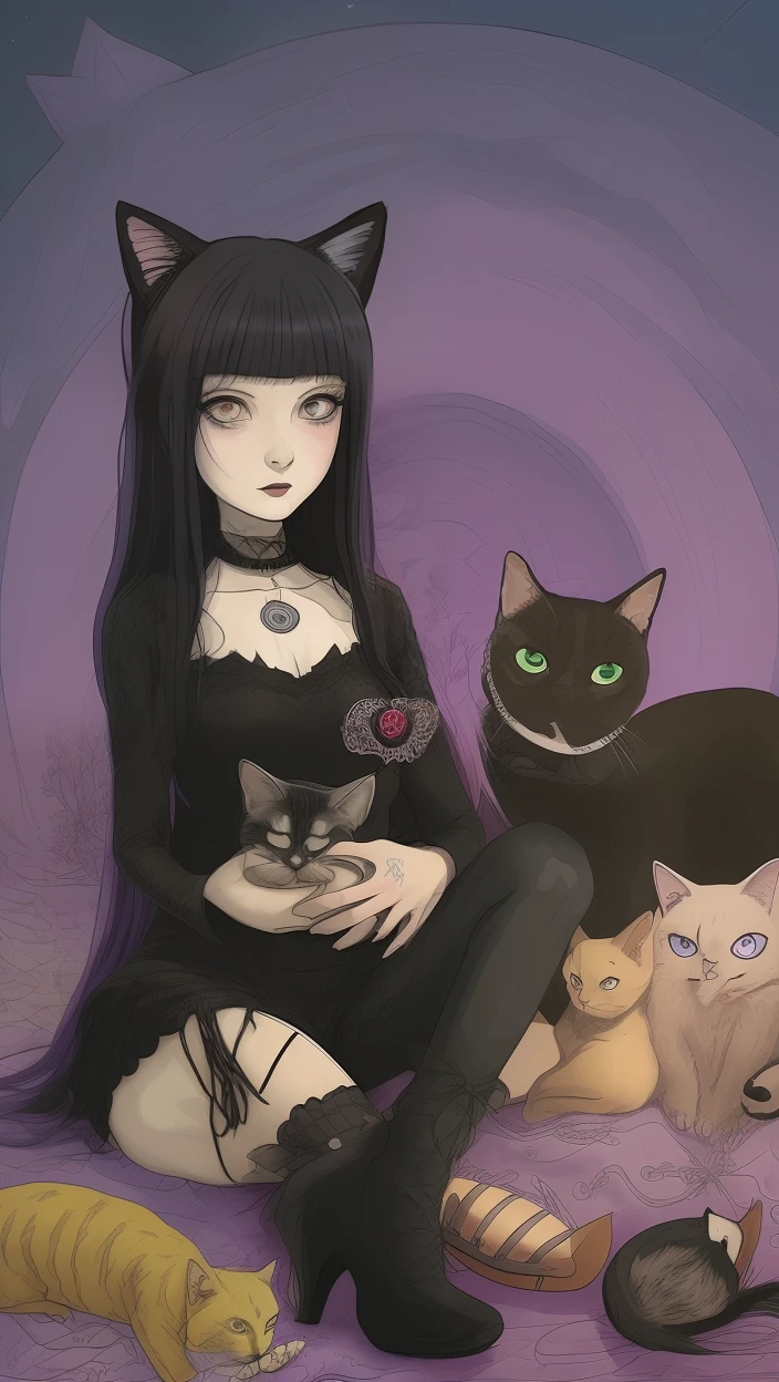 Goth girl surrounded by cats