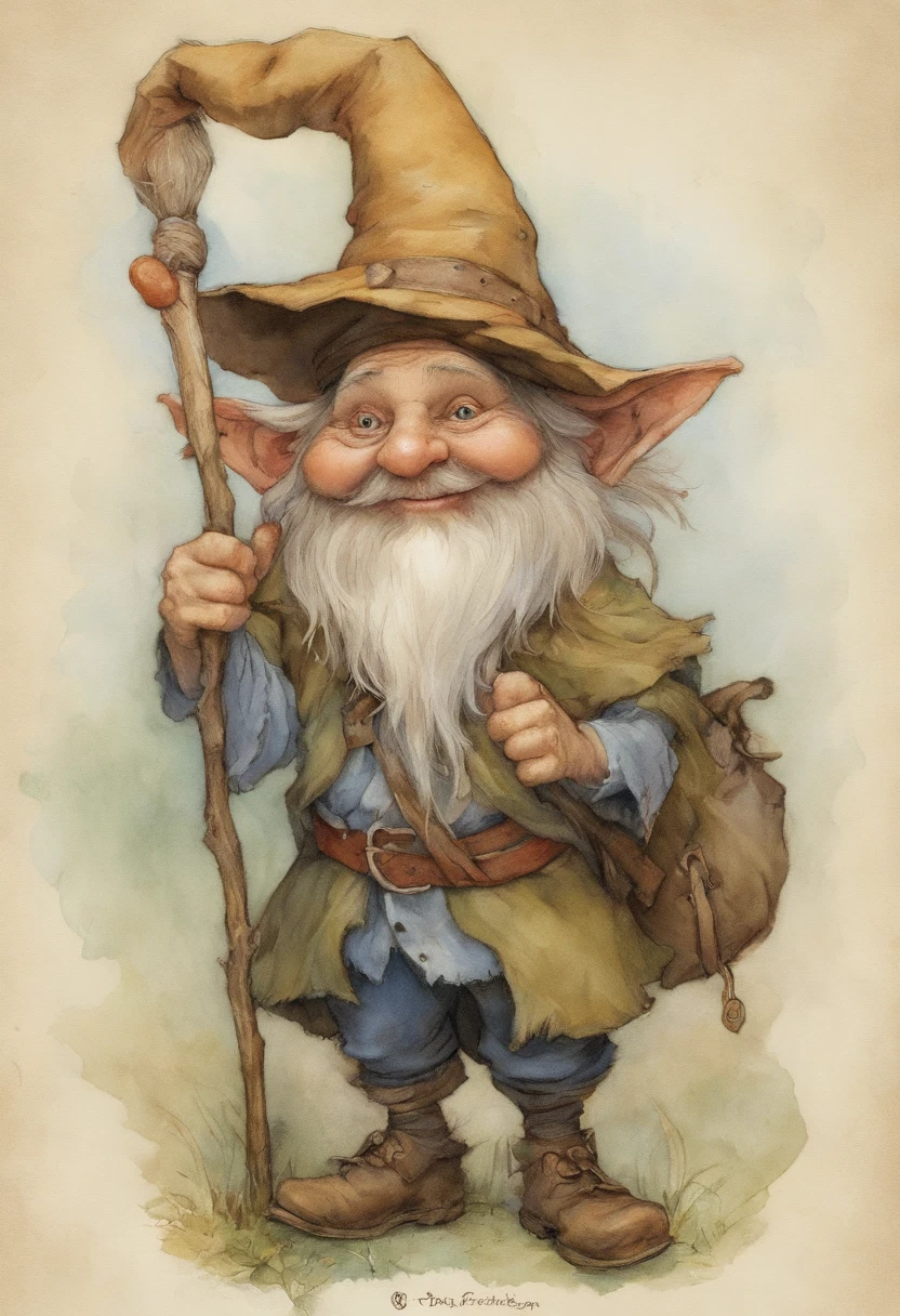 Close-up of a cartoon gnome with a hat and a backpack, He looks at the camera, Blue Costumes, a stick in the left hand, art conceptuel par Tony DiTerlizzi, Gagnant du concours Artstation, L'Inculto, Brian Froud Juan Gimenez, Portrait of a gnome named Eldon, jean - baptiste monge, Estilo Brian Froud, monge jean-baptiste monge, Jean-Baptiste moine. Apparence jeune, jeune, Souriant, dream-like