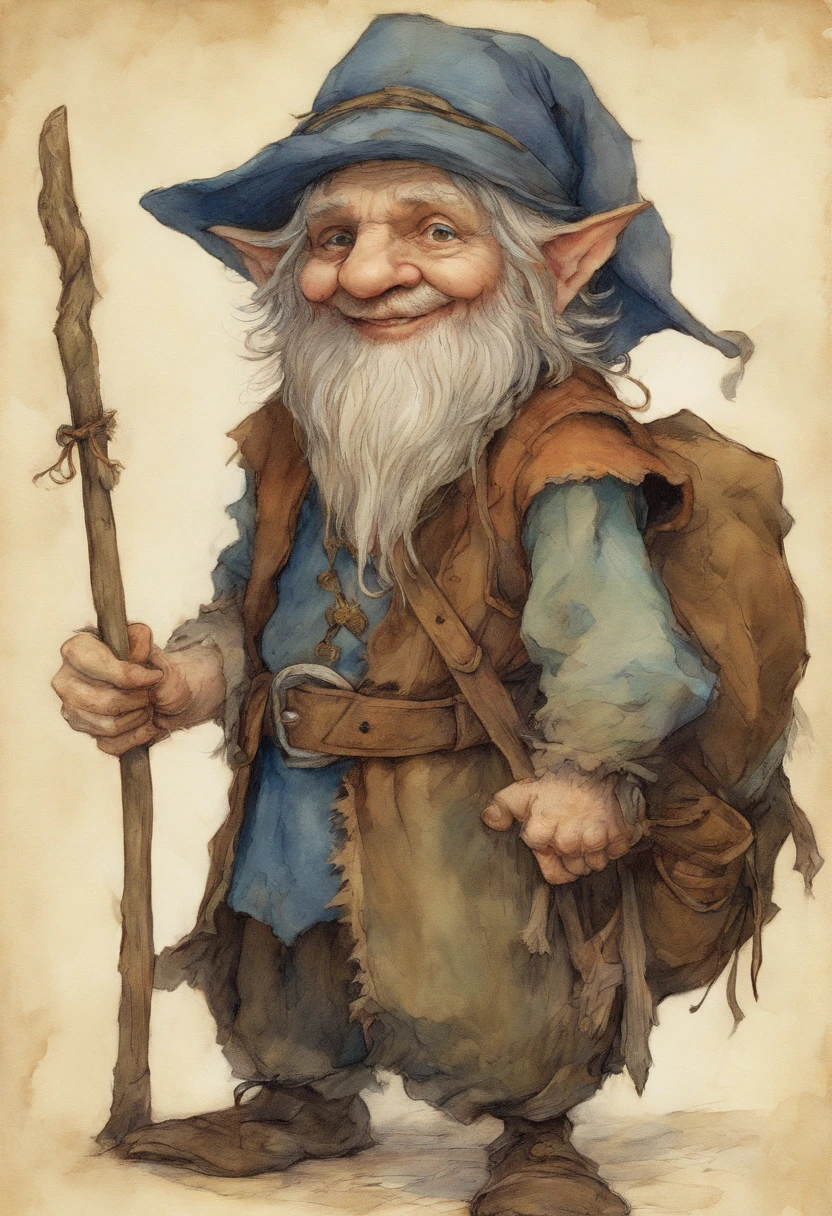 Close-up of a cartoon gnome with a hat and a backpack, He looks at the camera, Blue Costumes, a stick in the left hand, art conceptuel par Tony DiTerlizzi, Gagnant du concours Artstation, L'Inculto, Brian Froud Juan Gimenez, Portrait of a gnome named Eldon, jean - baptiste monge, Estilo Brian Froud, monge jean-baptiste monge, Jean-Baptiste moine. Apparence jeune, jeune, Souriant, dream-like