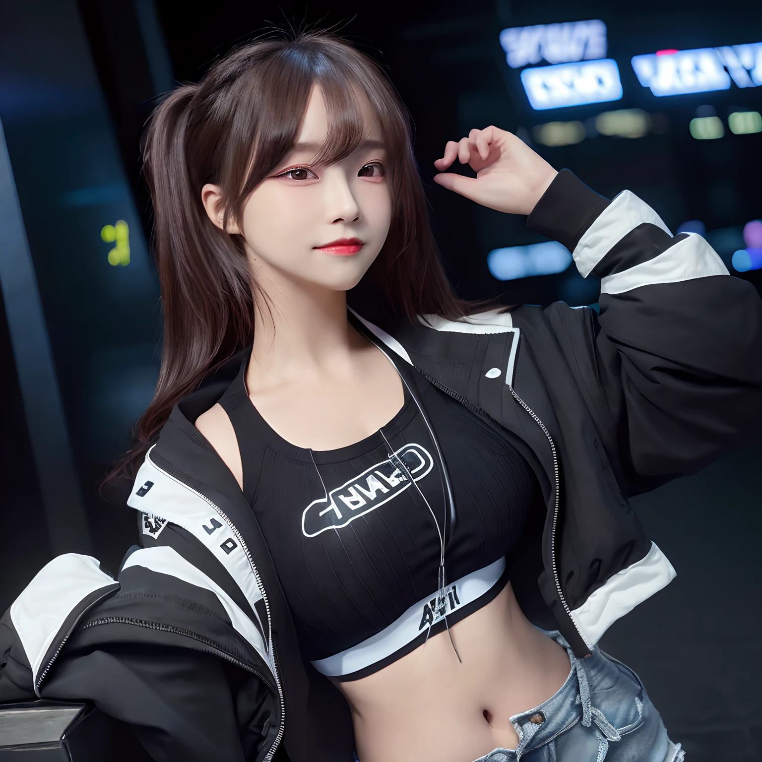 1girl, (((arafed woman in black and white jacket and black tank top, short jeans))), posing for a photo, wearing a bomber jacket, bomber jacket, (RAW Photo: 1.2), best quality, beautiful girl with details, big breasts, smiling , highly detailed eyes and face, highly detailed eyes and face, large file size, high resolution, 8k wallpaper, nice detail, highly detailed ticker uniform 8k wallpaper, light on face, film lighting, 16 year old girl, pose sexy, (Photorealism: 1.4), illustration, super detailed, (beaground black), headshot,
