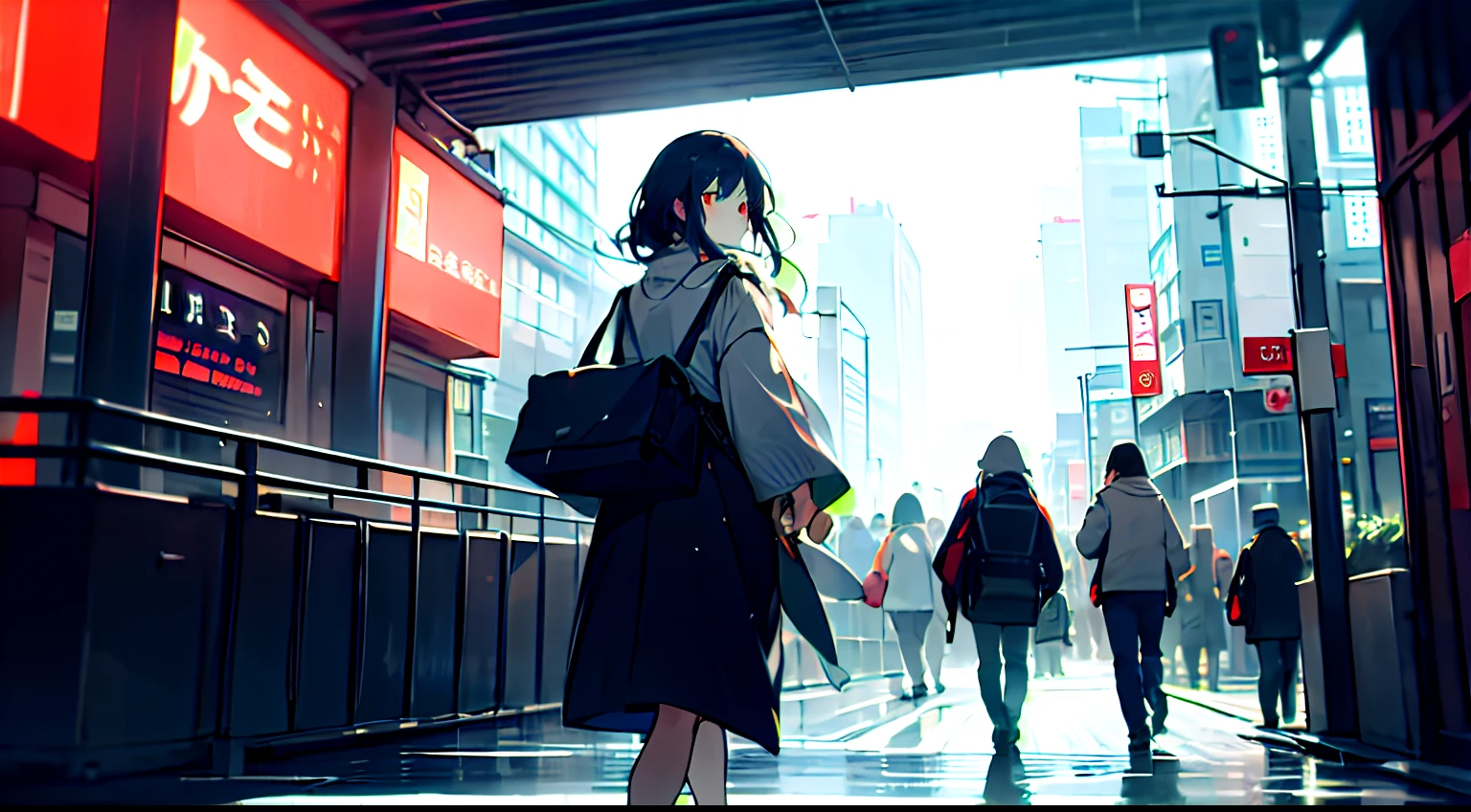 Create an image of Yuki arriving in the bustling heart of Tokyo, with vibrant lights and cityscape