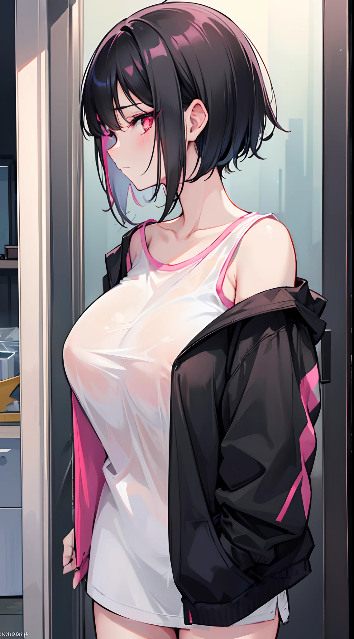 A woman with short black hair and pink-red eyes....... Long hair She walked out the door with a sleepy expression on her face.......Wear a long T-shirt....... Slim profile, Fair-skinned, large boobs, Slightly blushing.......,