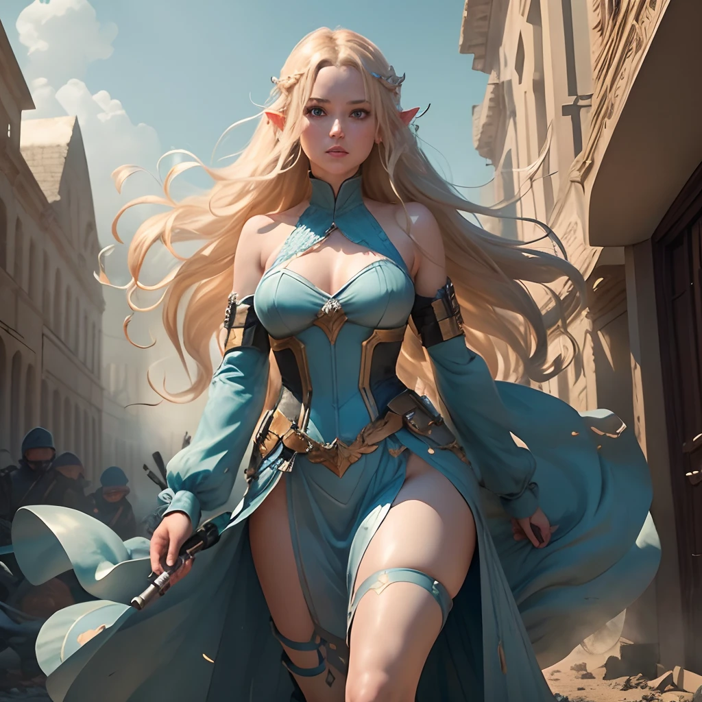 1 girl, cleavage, long and wavy blonde hair, strikingly beautiful face with bright blue eyes, delicate eye brows, high cheekbones, button nose, full and rosy lips, slender and athletic built, wearing a Viking-inspired outfit with a leather vest, fur-lined cape, and a long skirt, holding a dragon-themed staff with intricate carvings, standing confidently with one foot forward and a determined expression, no horn