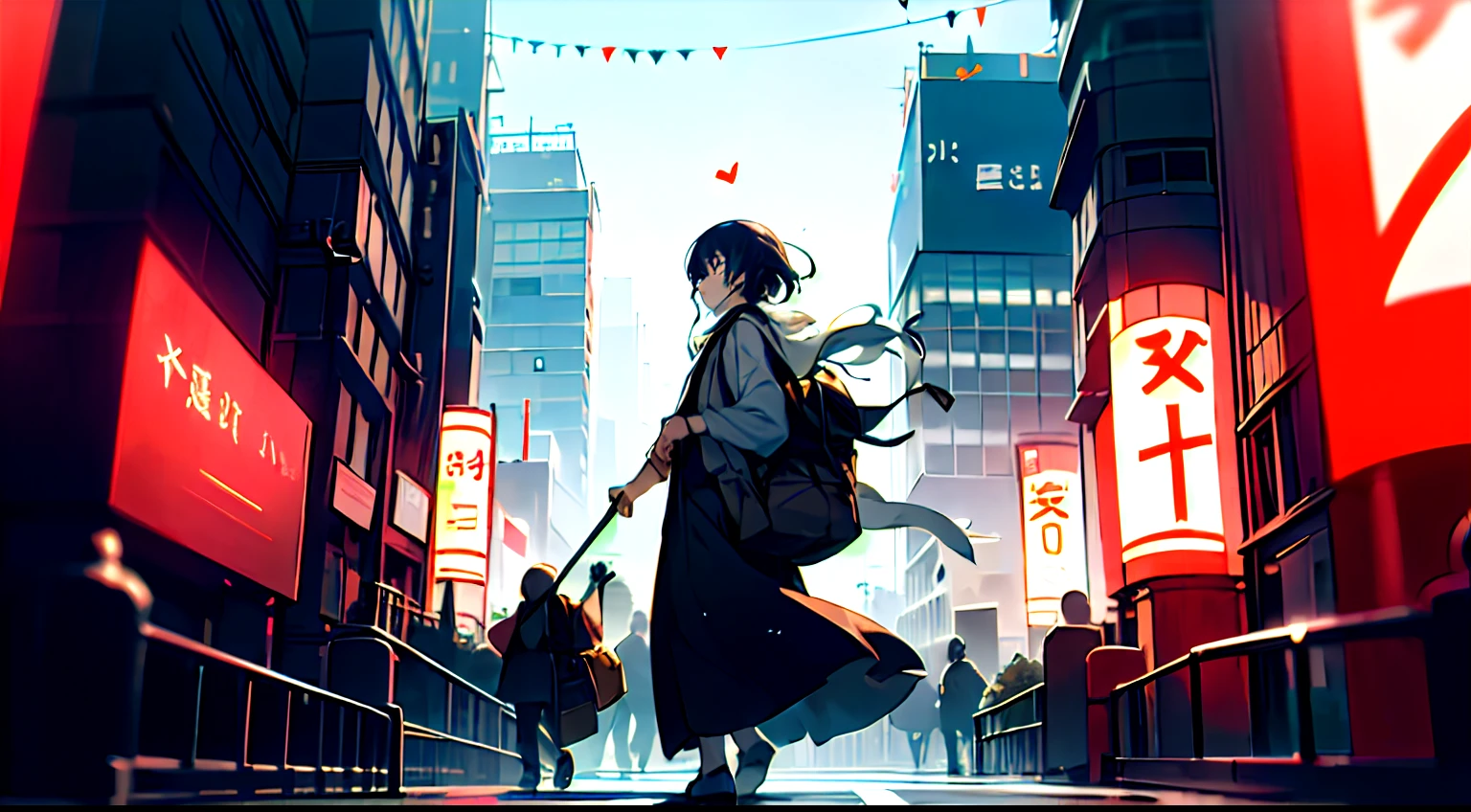 Create an image of Yuki arriving in the bustling heart of Tokyo, with vibrant lights and cityscape