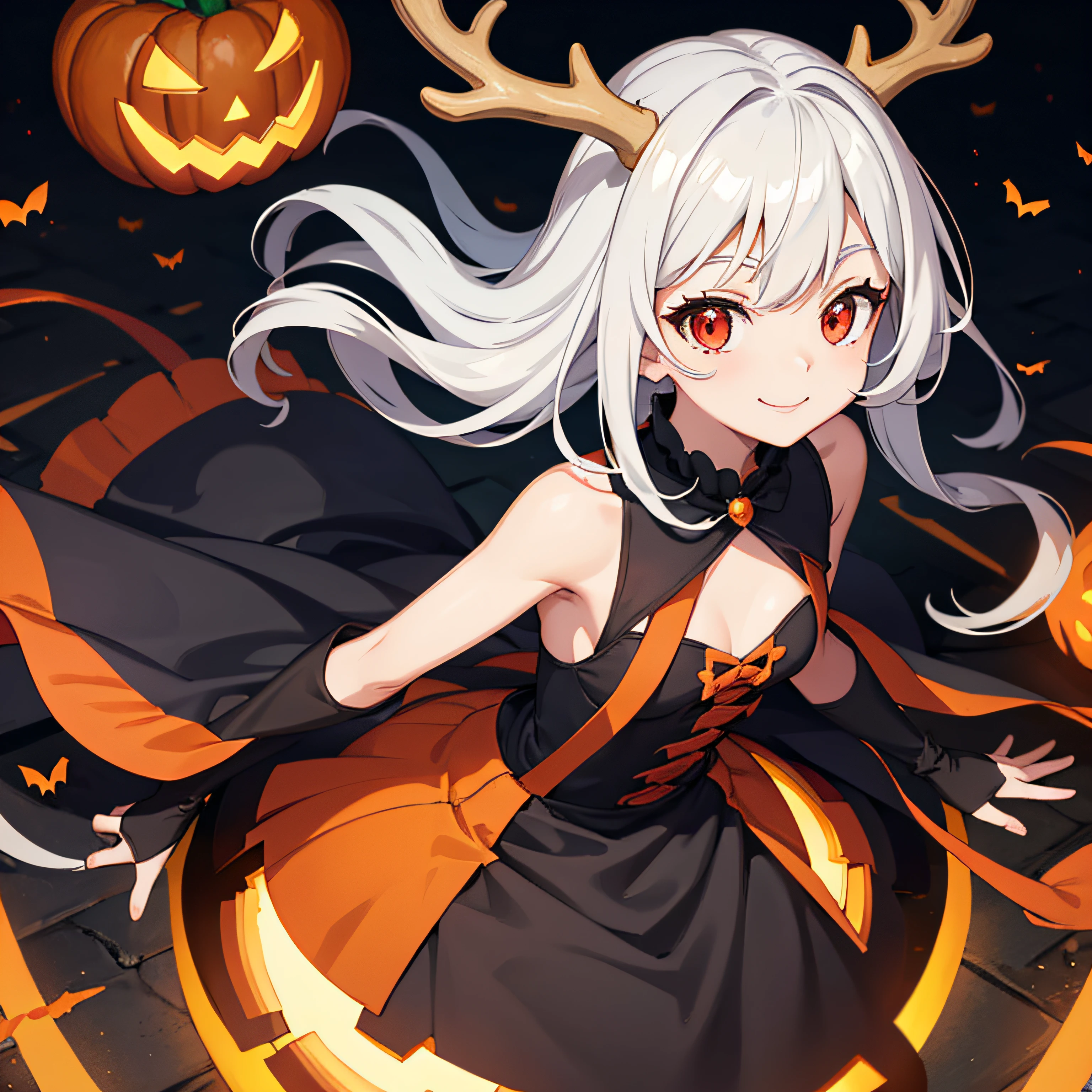 cute anime girl with antlers, white hair, red eyes, smiling, black orange Halloween dress, pumpkin