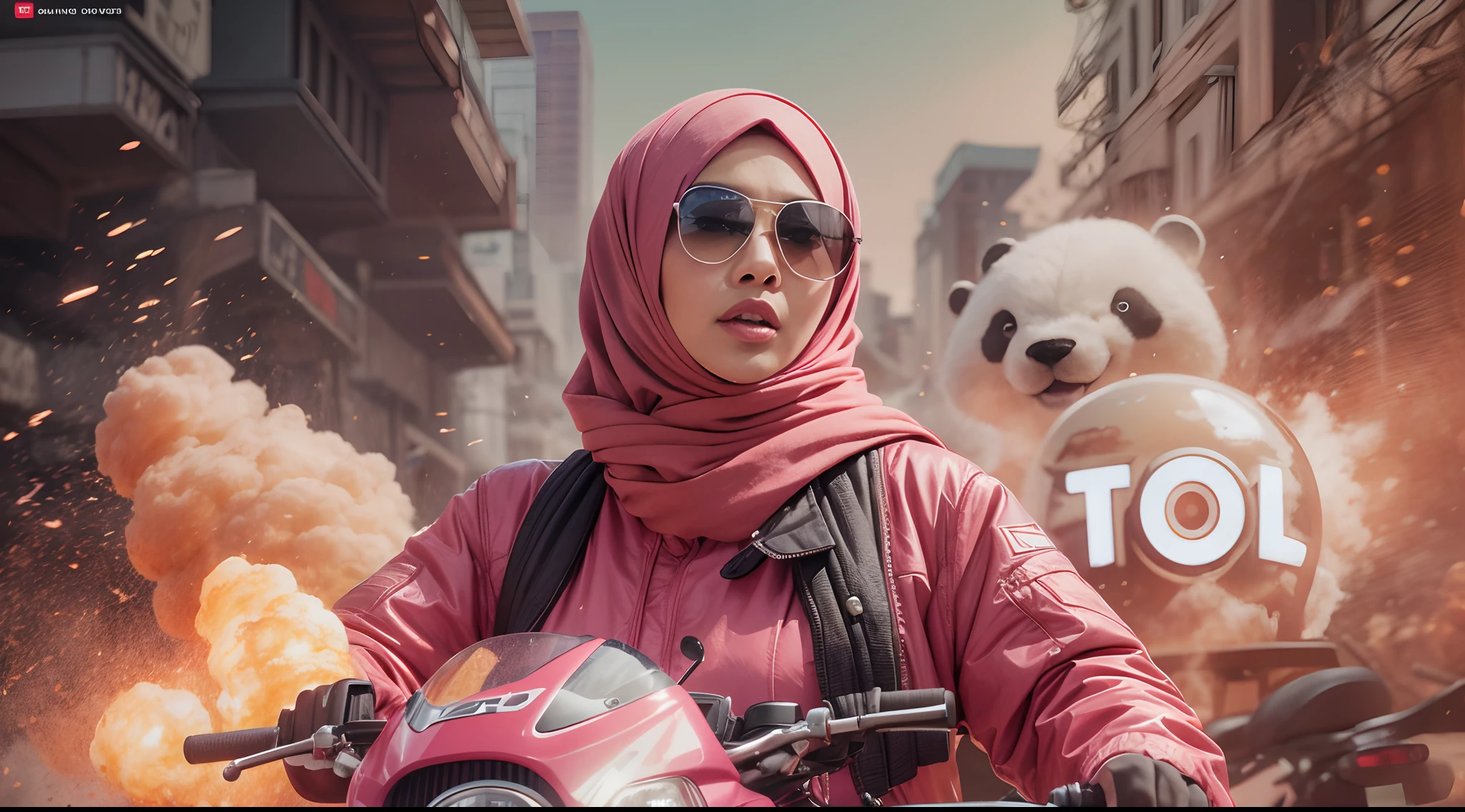 Slim and Medium breasted malay woman in hijab with pink jacket, pink food delivery motorcycle, foodpanda delivery, panda emblem at delivery box, pink delivery box, sunglasses, sci-fi, with gun, explosions behind, lot of explosion, dramatic scene, movie poster, 28mm, Establishing shot, muted color grading, cinemascope, high quality, using Panavision DXL2 camera,