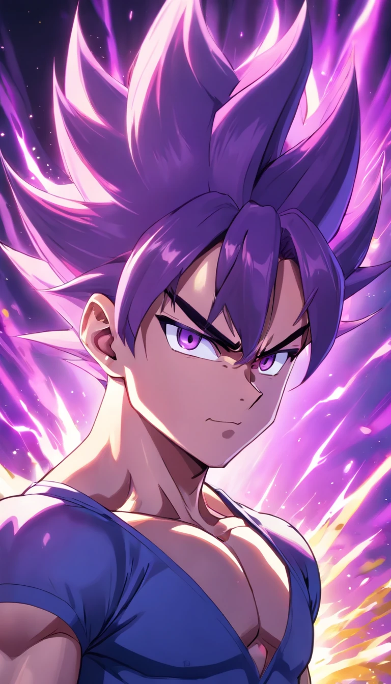The perfect art of Vegeta's superego, Purple hair and eyes, Wrapped in purple energy and rays, The expression is serious, chiseled muscles, realistic shaded, incredibily detailed, perfect eyes, Perfect hands, full bodyesbian, blue attire, Dark sky in background.