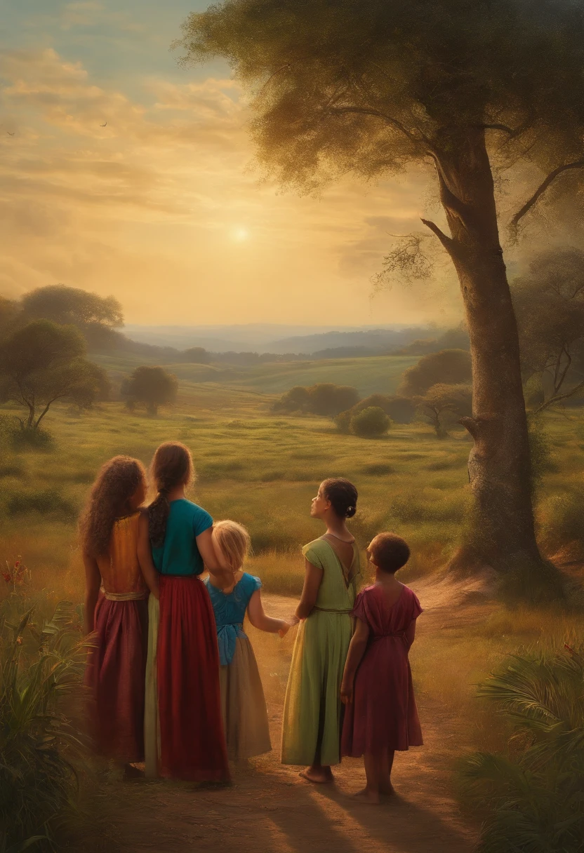 noah, sua esposa e filhos saindo da arca, with expressions of gratitude and wonder, As they gaze at the freshly cleared land.