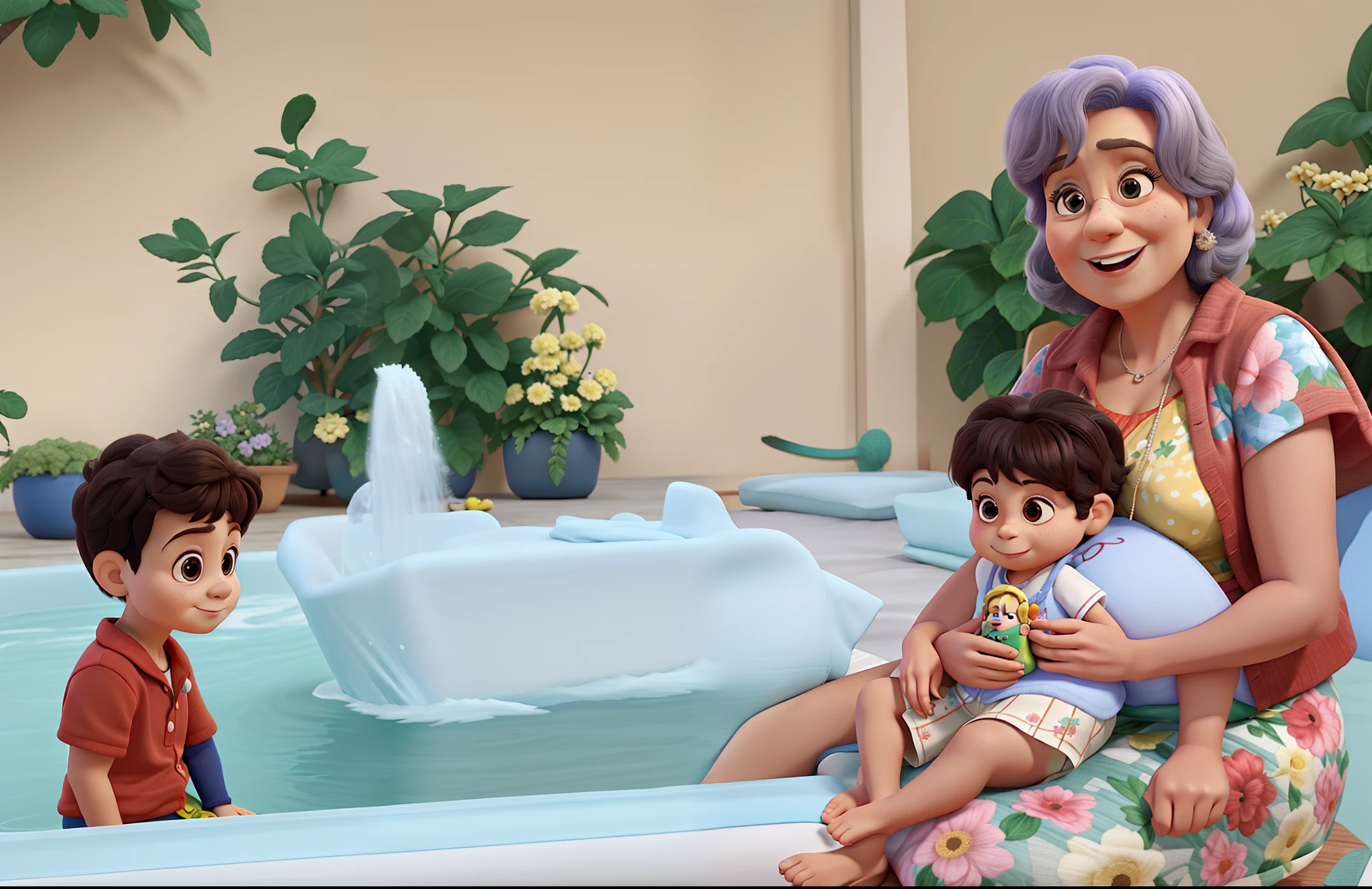 Grandma with two grandchildren, estilo disney pixar, alta qualidade, melhor qualidade
