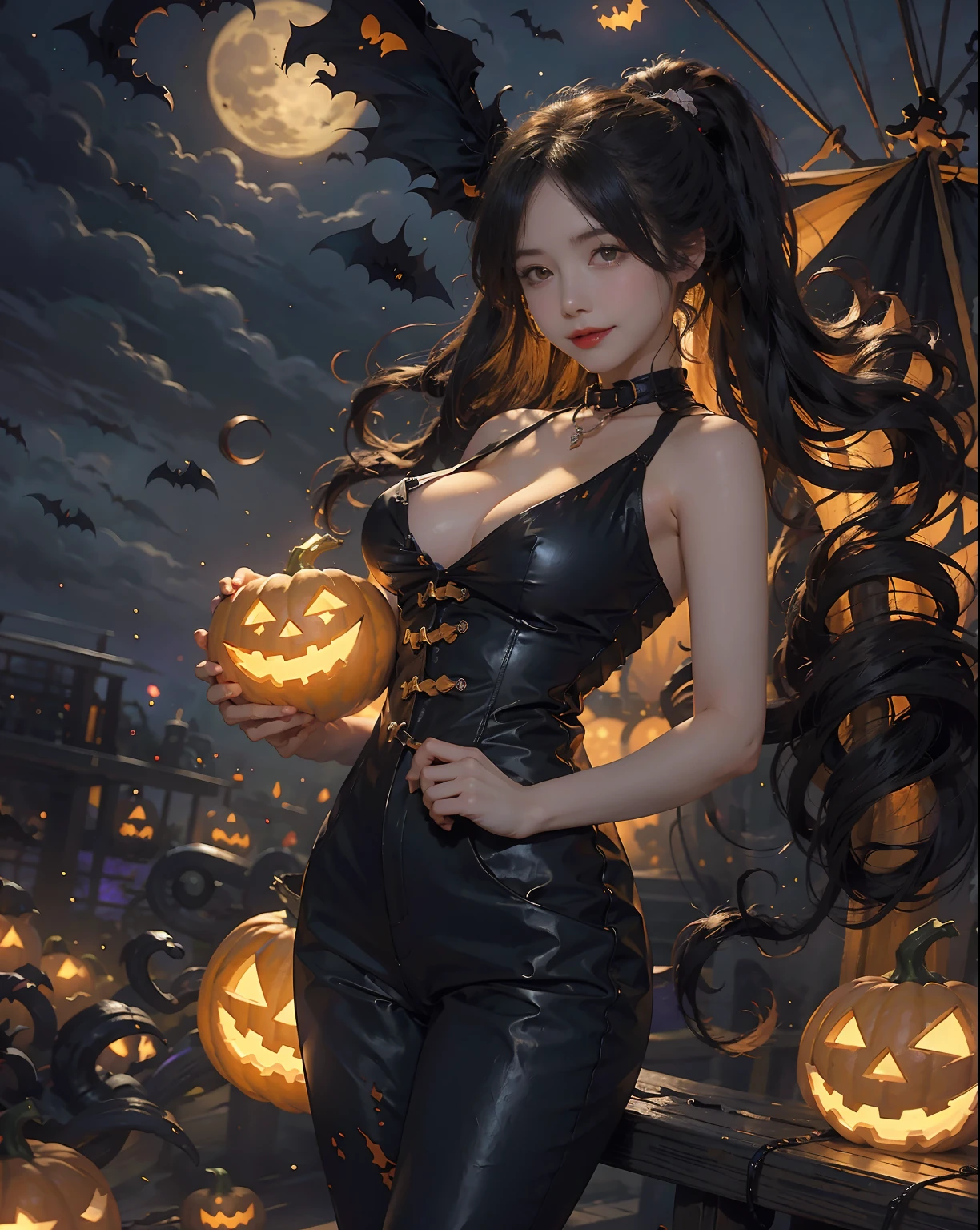 pirate, torn blouse, medium breasts, brown leather pants, toned body, cyan hair, ponytail hair, waist length hair, confident smirk, pirate ship, tentacles reaching for her body, tentacles wrapped around her legs, night time, lanterns lighting the area, ((halloween_theme:1.2)), (halloween pumkins:1.2), ((on pirateship)), ((moon background))