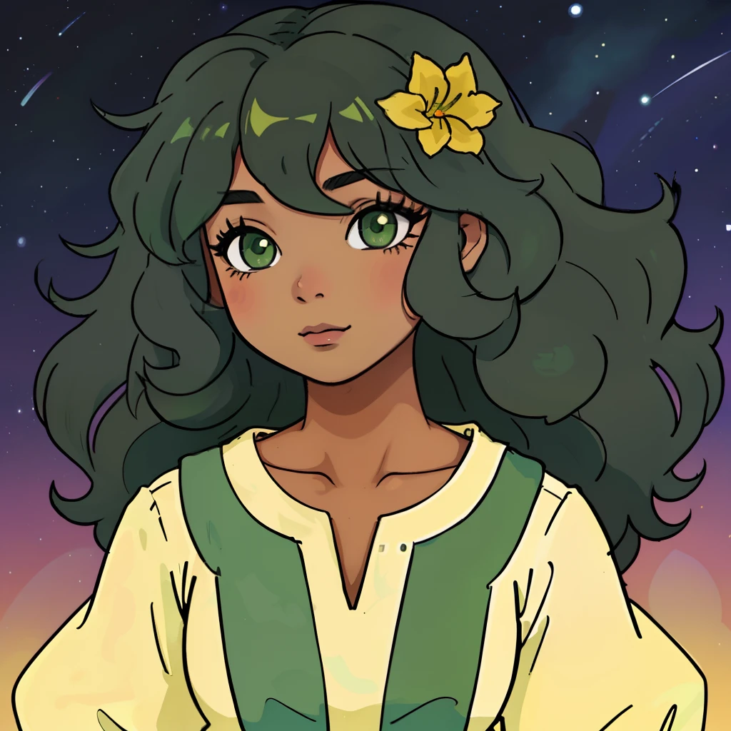 Masterpiece, half black, half Filipino, tanned skinned, big curly afro hair, wispy wild hair, mid length hair, round nose, green hair, full lips, light green eyes, long lashes, slant eyes, pastel colors, background night, flowers background, yellow dress, flowy, whimsical,