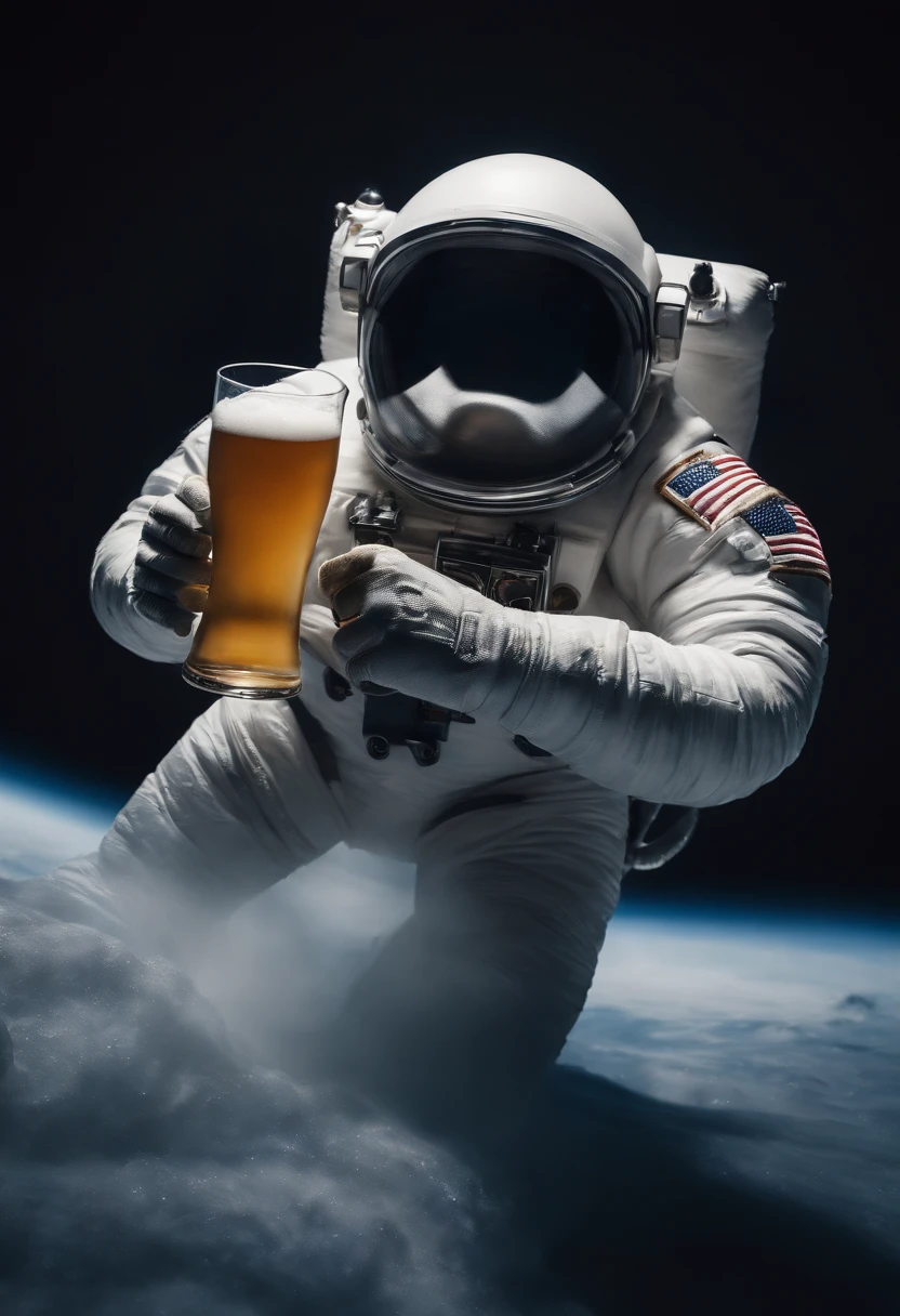 A Yeti themed Astronaut costume, yeti head, floating in space, empty space, in the distant center holding a beer, depth of field, focus on the beer, full body portrait, advertisement style, no words