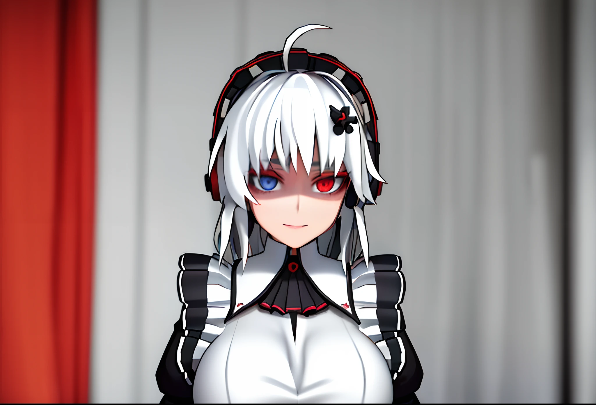 (Happy eyes: 1.8) (The left eye is blue: 1.5)(The right eye is red: 1.5) (Looking forward: 1.5) Anime character in black and white costume and headphones, anime girls in maid costumes, Cool 3D Anime Girl Rendering, anime girls in maid costumes, maid clothes, gorgeous maid, white haired god, Blue and Red Odd-Eye