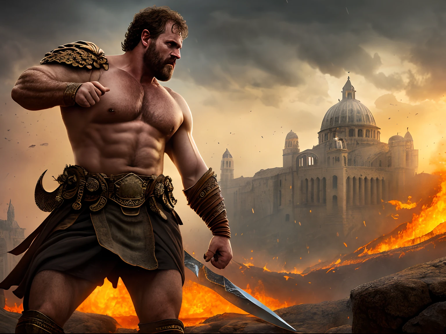 (Masterpiece) Detailed, intricate, epic fantasy, colorful, full body, slight angle, man, 40 years old, in EmotionScape style, very hulking, brawny, fitted, ankle wraps, very hairy torso, big strong hands, fine detailed, running, intense action, dynamic juxtaposition, skimpy revealing slavery outfit, receding hairline, smirk, gladiator, with a sword, blades, big ancient city on fire in the background, heavy rain, smoggy, pointing away, depth of field, particle effects, high quality shadows, intense action, aggressive digital illustrations, emotive landscapes,