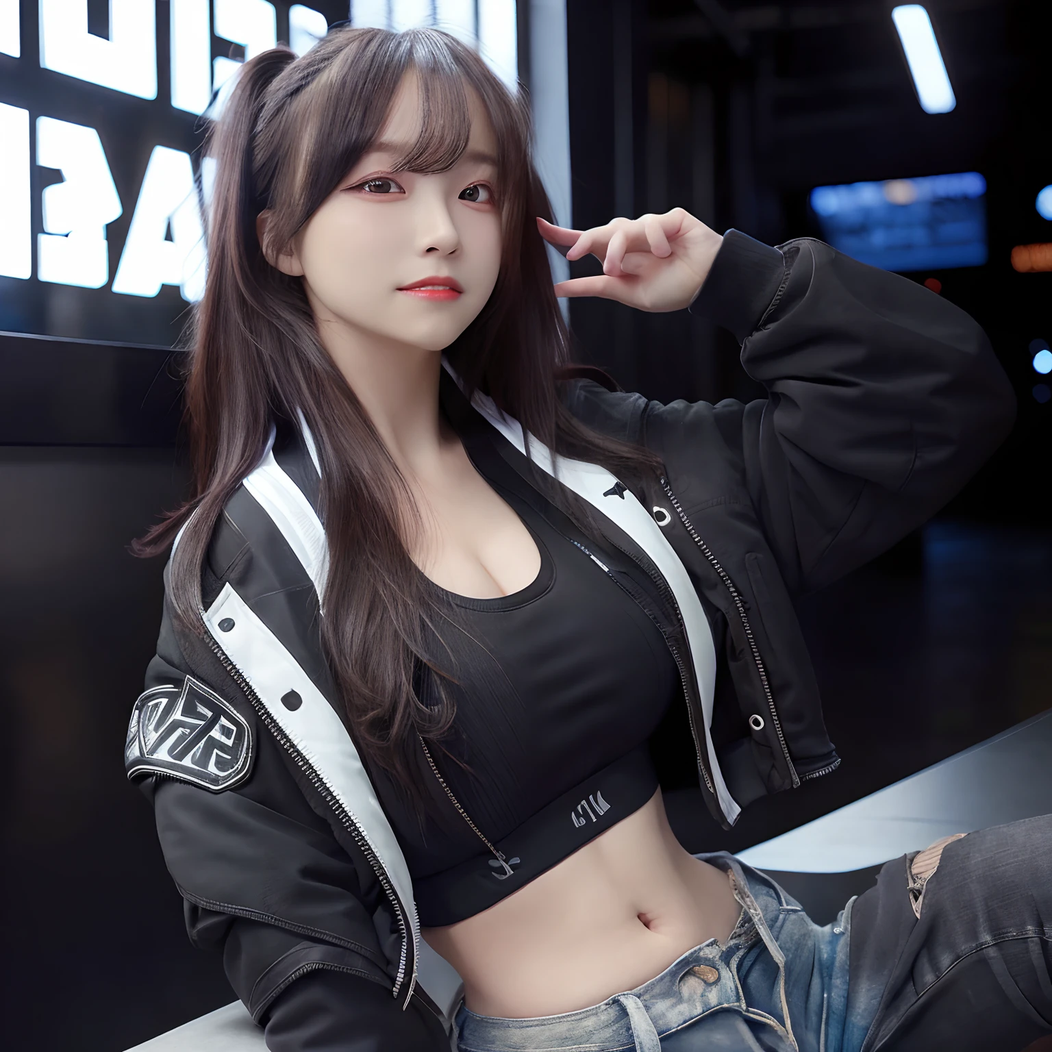 1girl, (((arafed woman in black and white jacket and black tank top, short jeans))), posing for a photo, wearing a bomber jacket, bomber jacket, (RAW Photo: 1.2), best quality, beautiful girl with details, big breasts, smiling , highly detailed eyes and face, highly detailed eyes and face, large file size, high resolution, 8k wallpaper, nice detail, highly detailed ticker uniform 8k wallpaper, light on face, film lighting, 16 year old girl, pose sexy, (Photorealism: 1.4), illustration, super detailed, (beaground black), headshot,