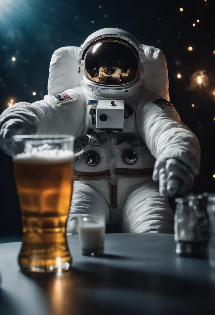 A Yeti themed Astronaut costume, yeti head, floating in space, empty space, in the distant center holding a beer, depth of field, focus on the beer, full body portrait, advertisement style, no words