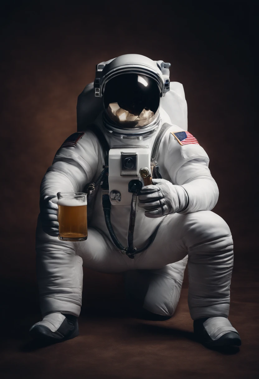 A Yeti themed Astronaut costume, yeti head, floating in space, empty space, in the distant center holding a beer, depth of field, focus on the beer, full body portrait, advertisement style, no words