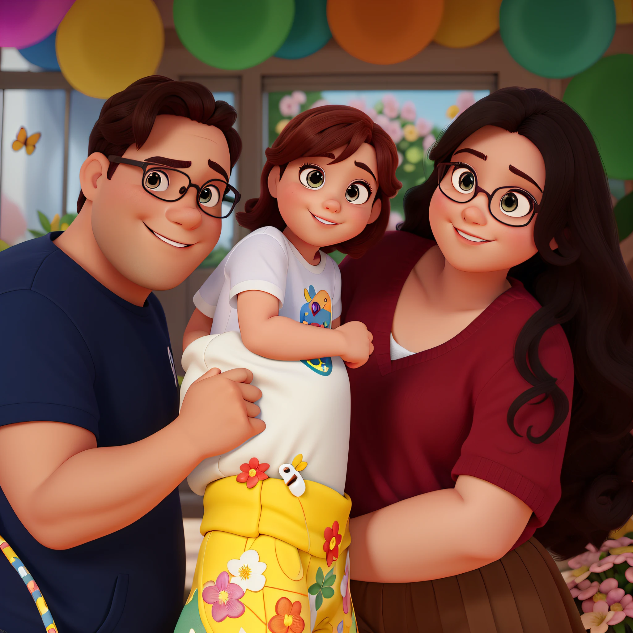 A Disney Pixar-style family, alta qualidade, best quality, ultra-detalhado, Realistic, vivid colors, belos olhos detalhados, beautifully detailed lips, olhos e rosto extremamente detalhados, long eyelashes, 2meninas, cheerful expressions, roupas coloridas, dinamic poses, em um ambiente de jardim animado, cercado por flores coloridas e folhagens vibrantes, com uma atmosfera ensolarada e acolhedora, Capturando um momento alegre e emocionante, with a whimsical and playful art style, studio lighting, paleta de cores vibrantes e vivas, capturing the essence of Disney Pixar animations, with a sharp focus on character detail, bringing out the magical and imaginative world of the scene, com um efeito bokeh adicionando profundidade e foco nos personagens, in a digitally rendered illustration, similar to a 3D animation, com uma pitada de nostalgia e uma qualidade atemporal, Criando uma obra-prima.