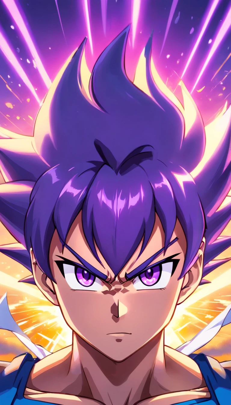 The perfect art of Vegeta's superego, Purple hair and eyes, Wrapped in purple energy and rays, The expression is serious, chiseled muscles, realistic shaded, incredibily detailed, perfect  eyes, Perfect hands, full bodyesbian, blue attire, Dark sky in background.
