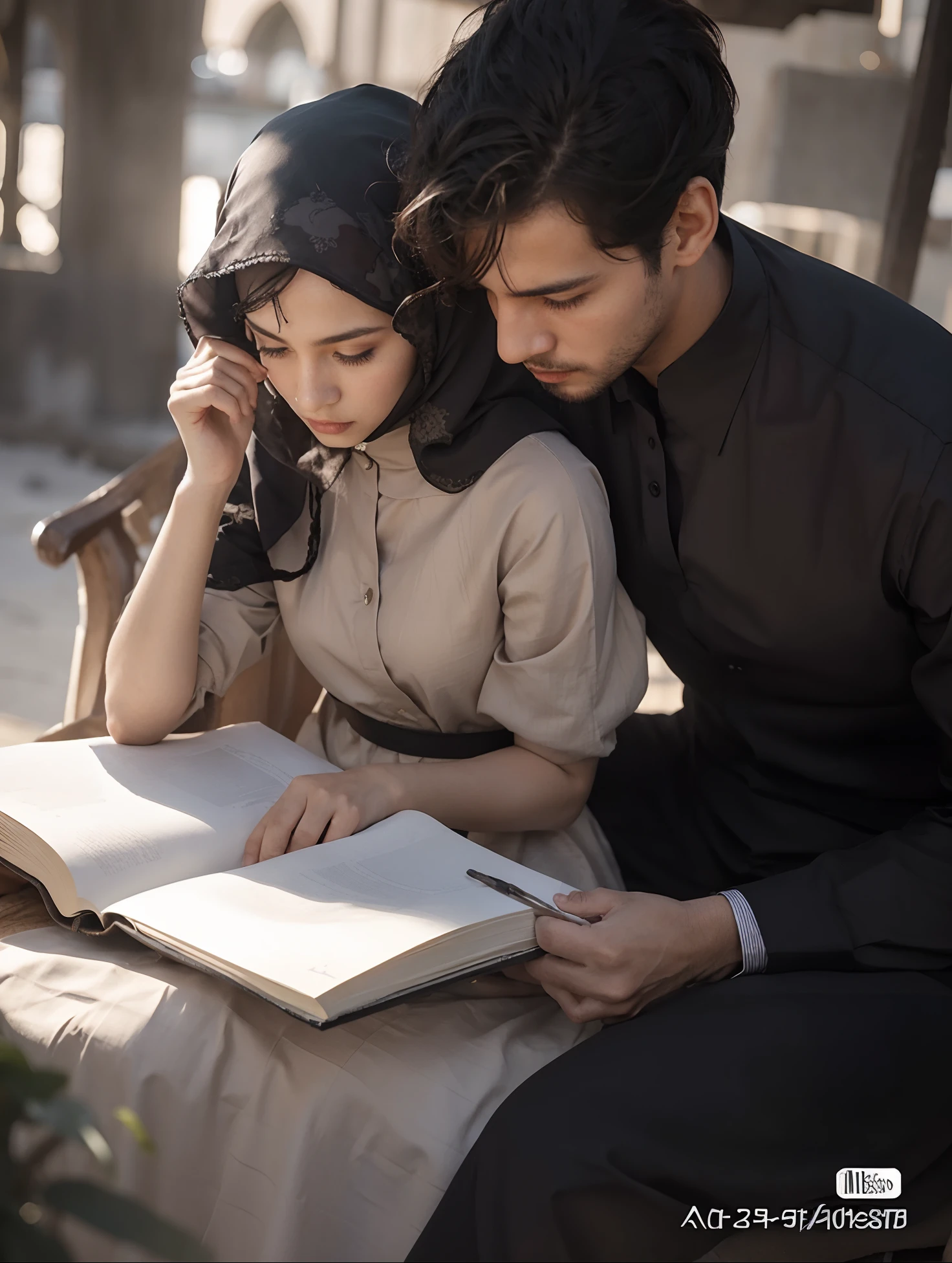 A young beautiful girl wearing hijab, highly detailed, wearing abaya, and the man is very handsome
