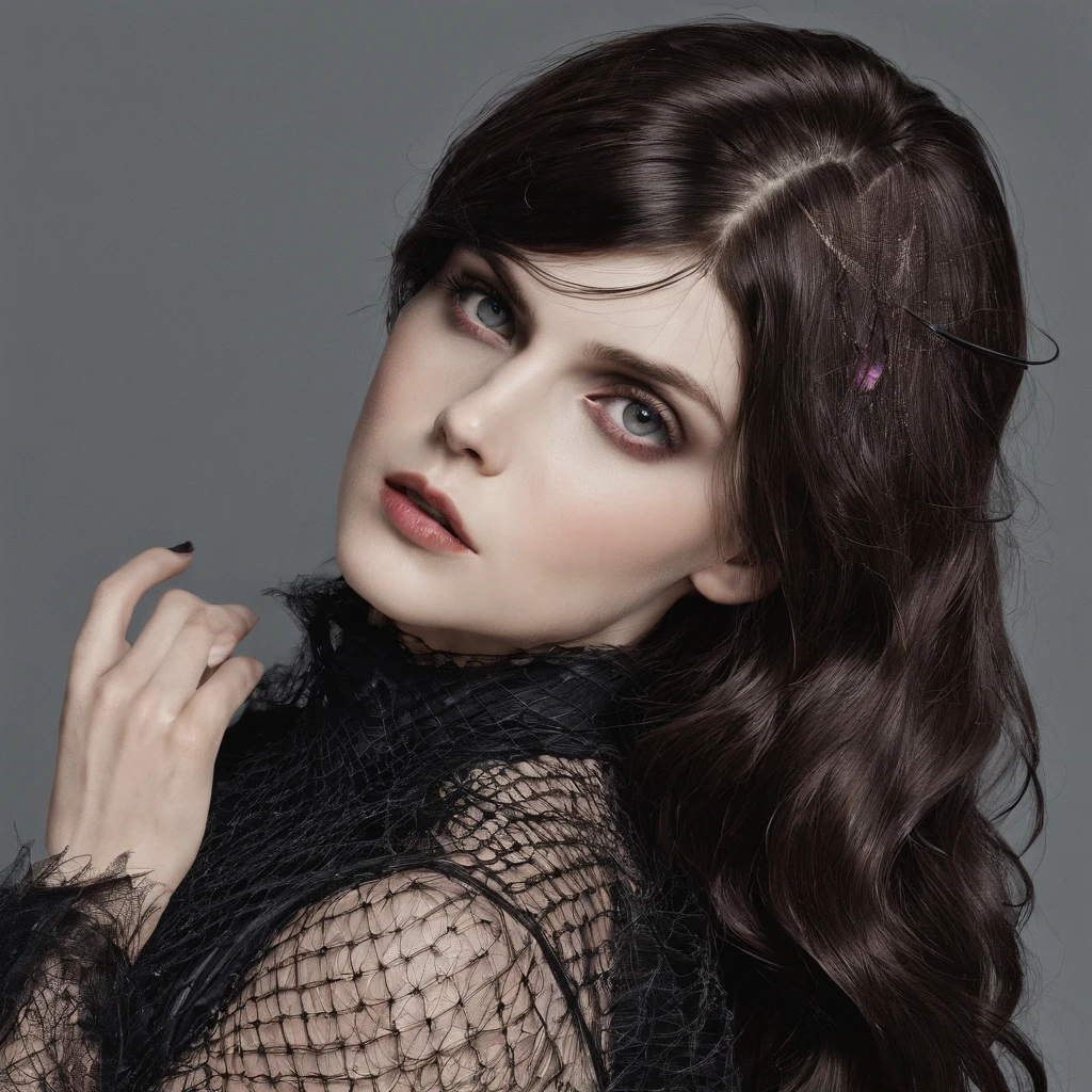 Alexandra Daddario with gothic net symbolic clothes, 。.com (Barbed wire of the body) brunette color hair,Gray hair ends