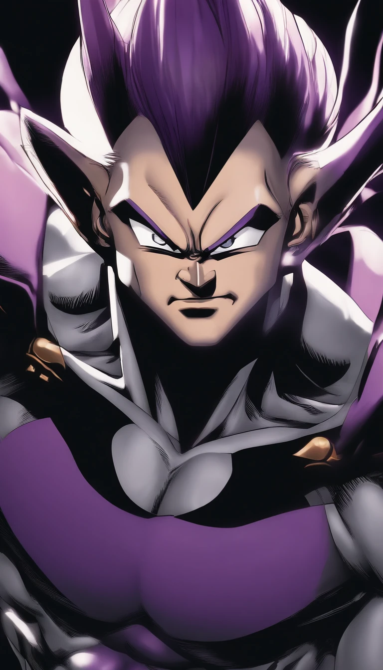 The perfect art of Vegeta's superego, Purple hair and eyes, Wrapped in purple energy and rays, The expression is serious, chiseled muscles, realistic shaded, incredibily detailed, perfect eyes, Perfect hands, full bodyesbian, blue attire, Dark sky in background.