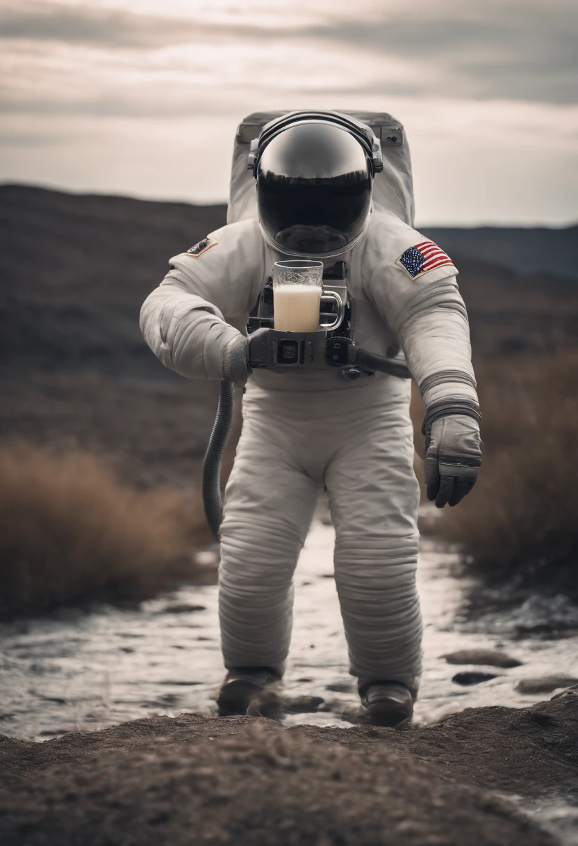 A Yeti themed Astronaut costume, yeti head, floating in space, empty space, in the distant center holding a beer, depth of field, focus on the beer, full body portrait, advertisement style, no words