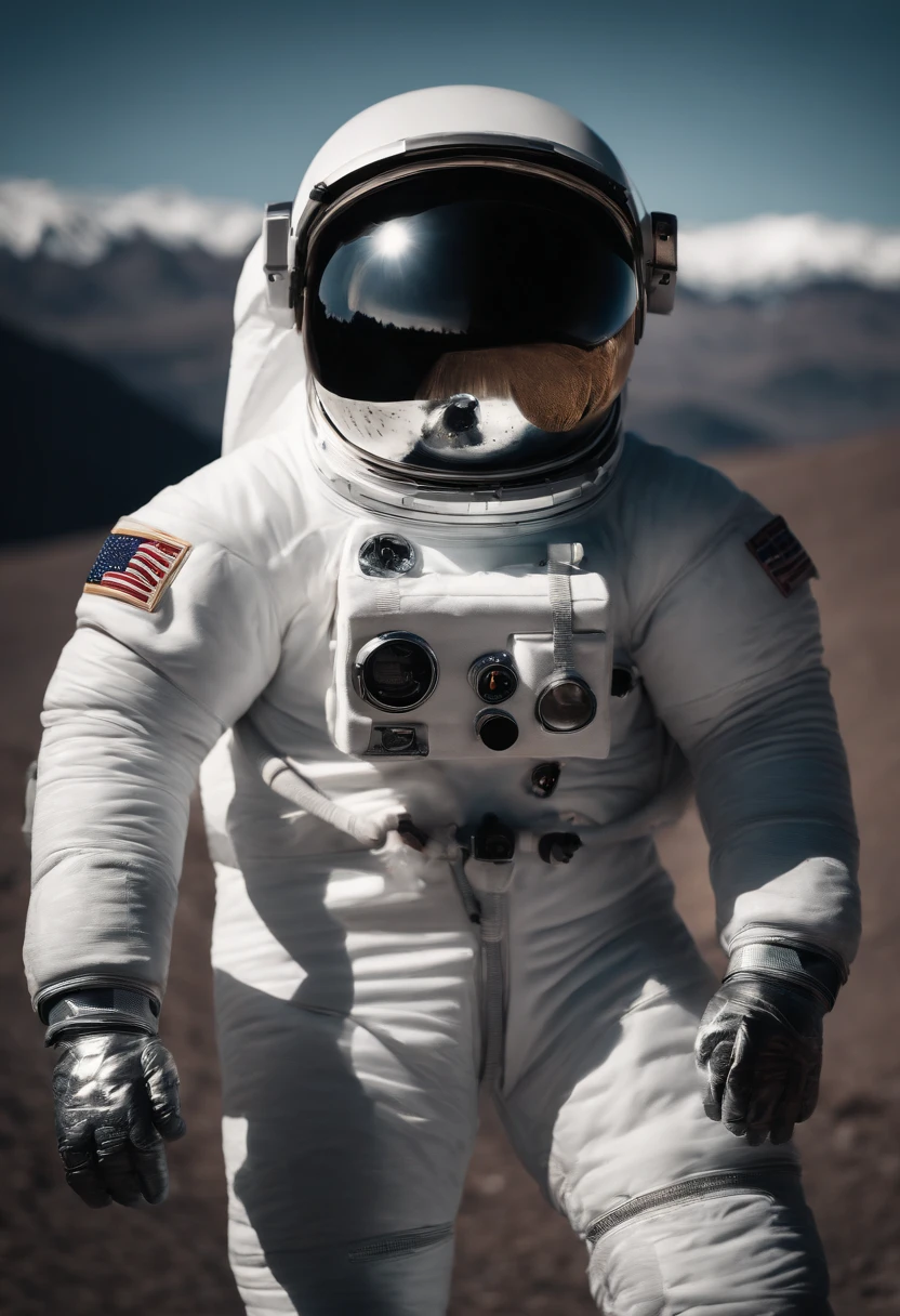 A Yeti themed Astronaut costume, yeti head, floating in space, empty space, in the distant center holding a beer, depth of field, focus on the beer, full body portrait, advertisement style, no words