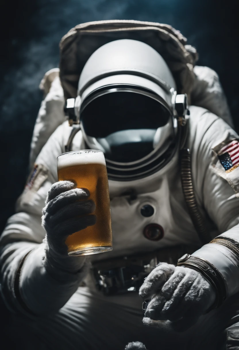 A Yeti themed Astronaut costume, yeti head, floating in space, empty space, in the distant center holding a beer, depth of field, focus on the beer, full body portrait, advertisement style, no words