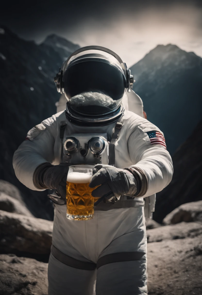 A Yeti themed Astronaut costume, yeti head, floating in space, empty space, in the distant center holding a beer, depth of field, focus on the beer, full body portrait, advertisement style, no words