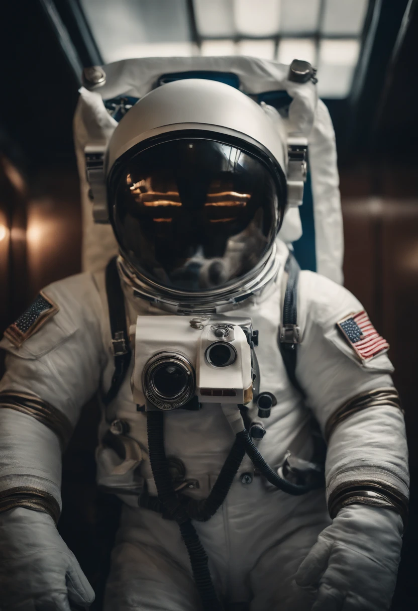 A Yeti themed Astronaut costume, yeti head, floating in space, empty space, in the distant center holding a beer, depth of field, focus on the beer, full body portrait, advertisement style, no words